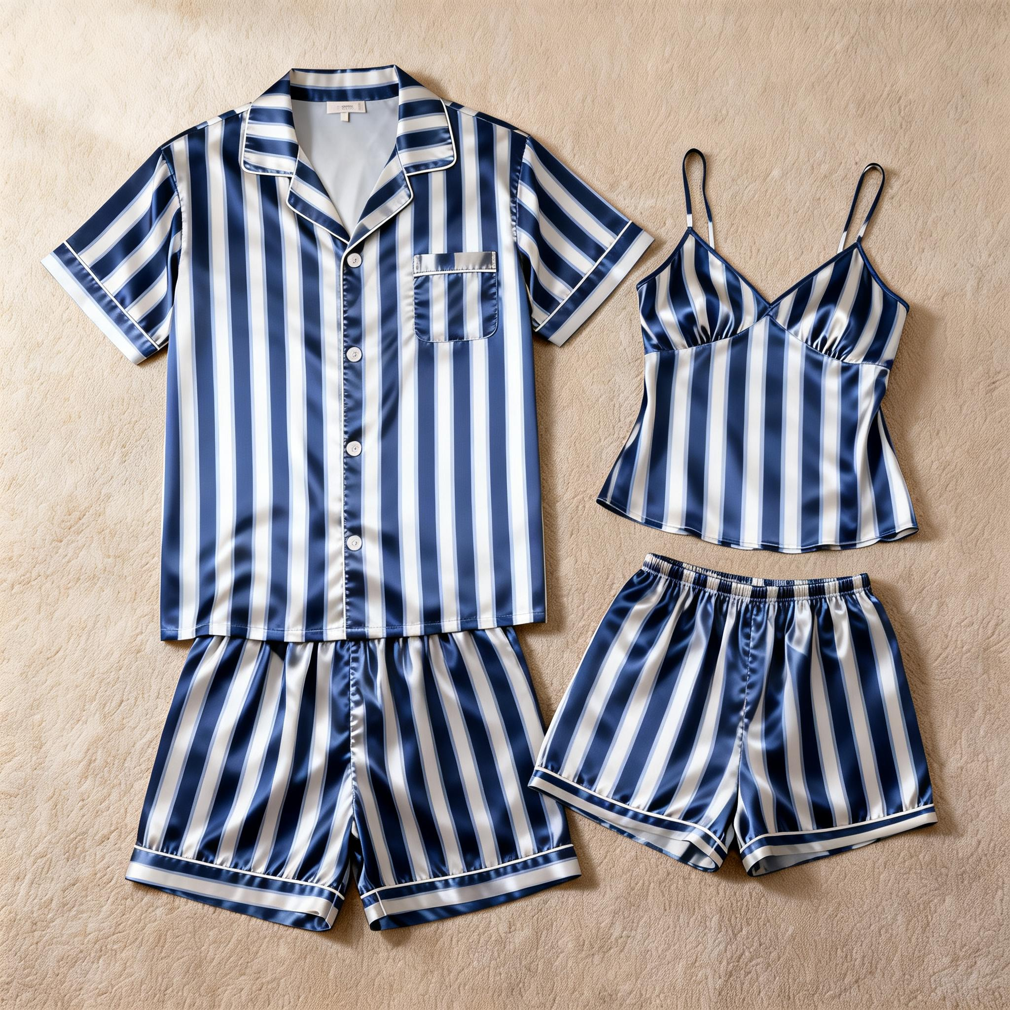 Silky Classic Striped Printed Couple Sleepwear – Oecan Satin Short Pajama Set