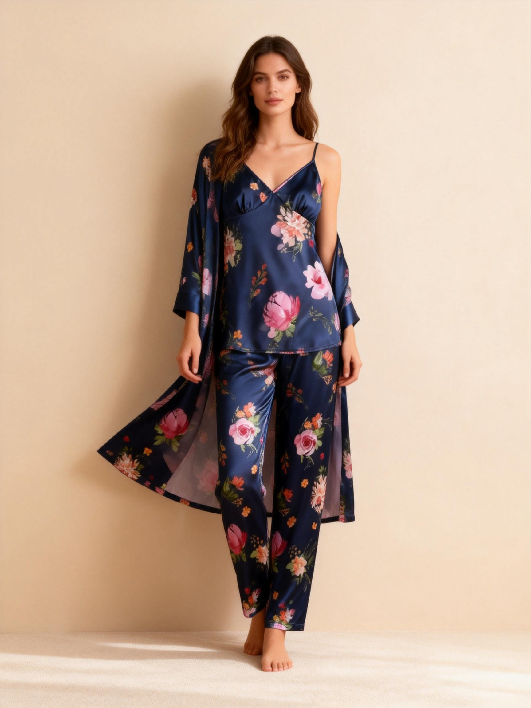 Women's Silky Satin Homewear Set with Vintage Luxe Floral Motifs