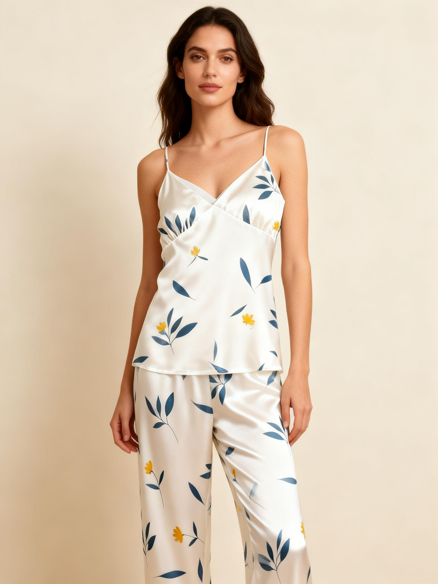 Women's Classic Satin Pajama Set with Botanical Leaves Motifs
