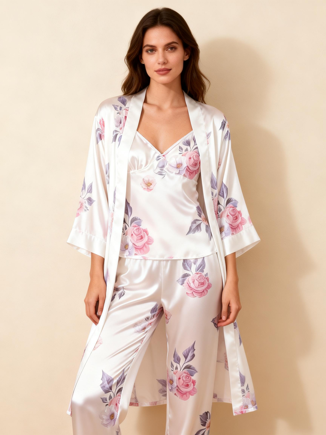 Satin 3-Piece Sleepwear Set with Dreamy Floral Design