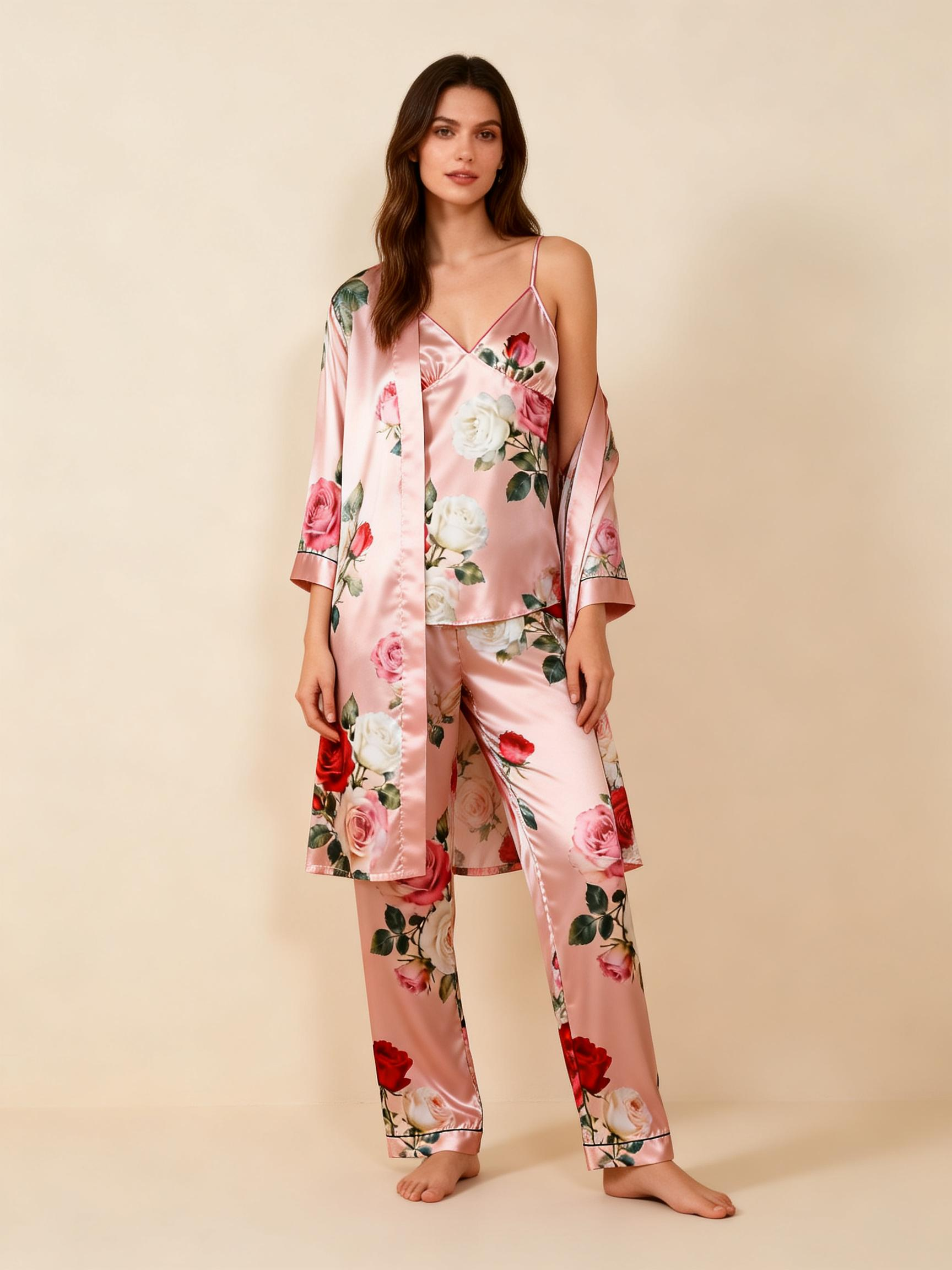 Women's Classic Satin Pajama Set with Retro Glamour Floral Motifs