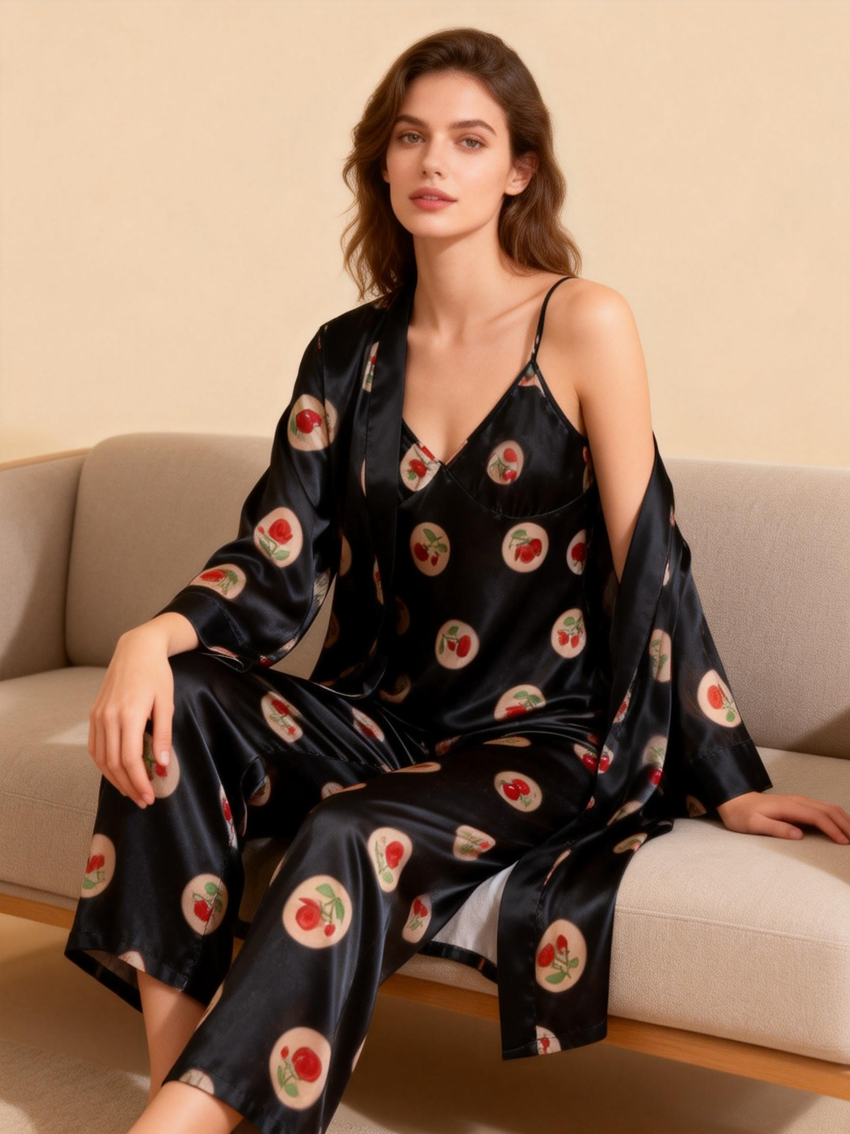 Women's Black Silky Satin Homewear Set with Romantic Rose Illustration