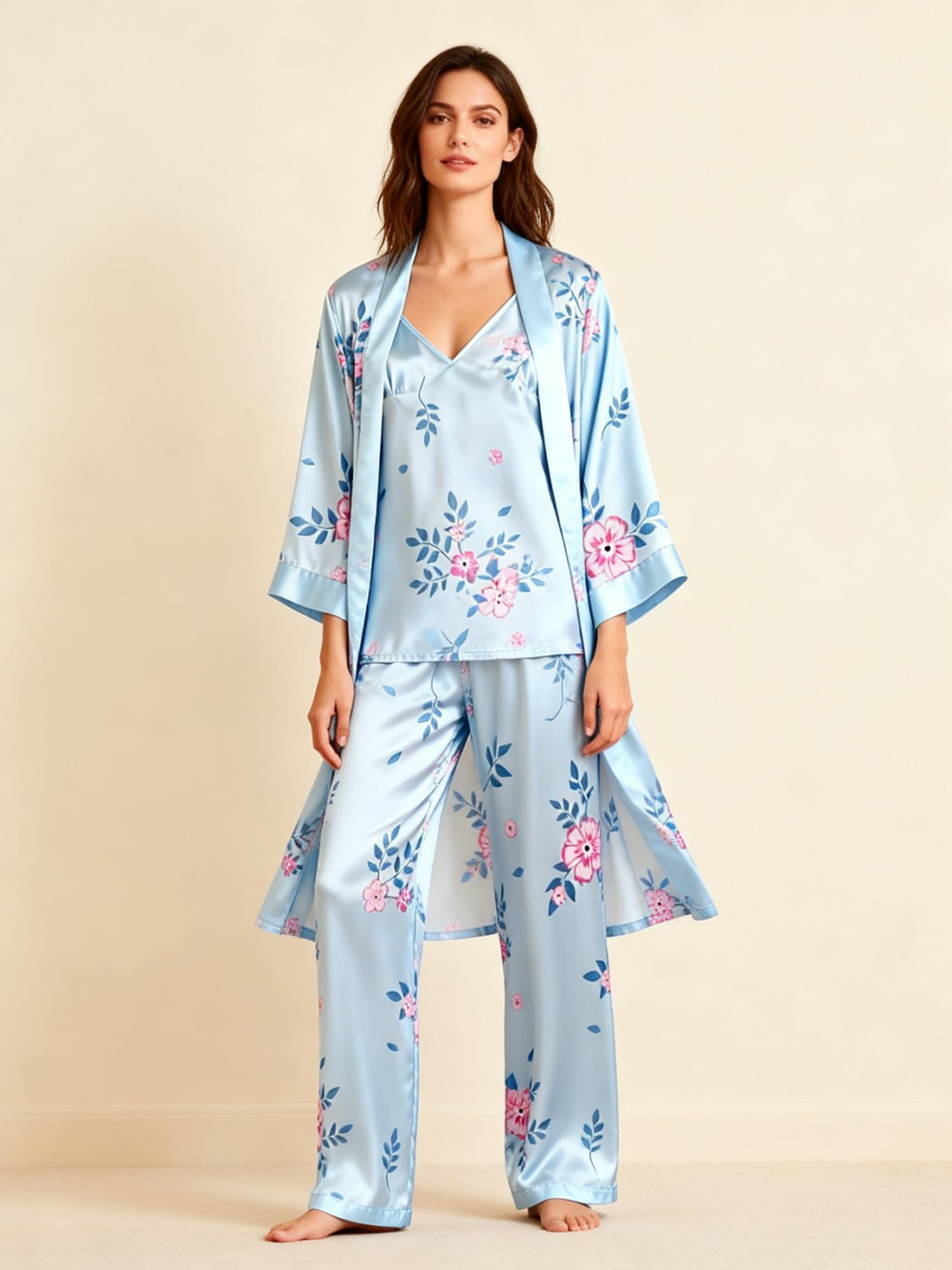 Women's Blue Silky Satin Homewear Set with Floral Illustration
