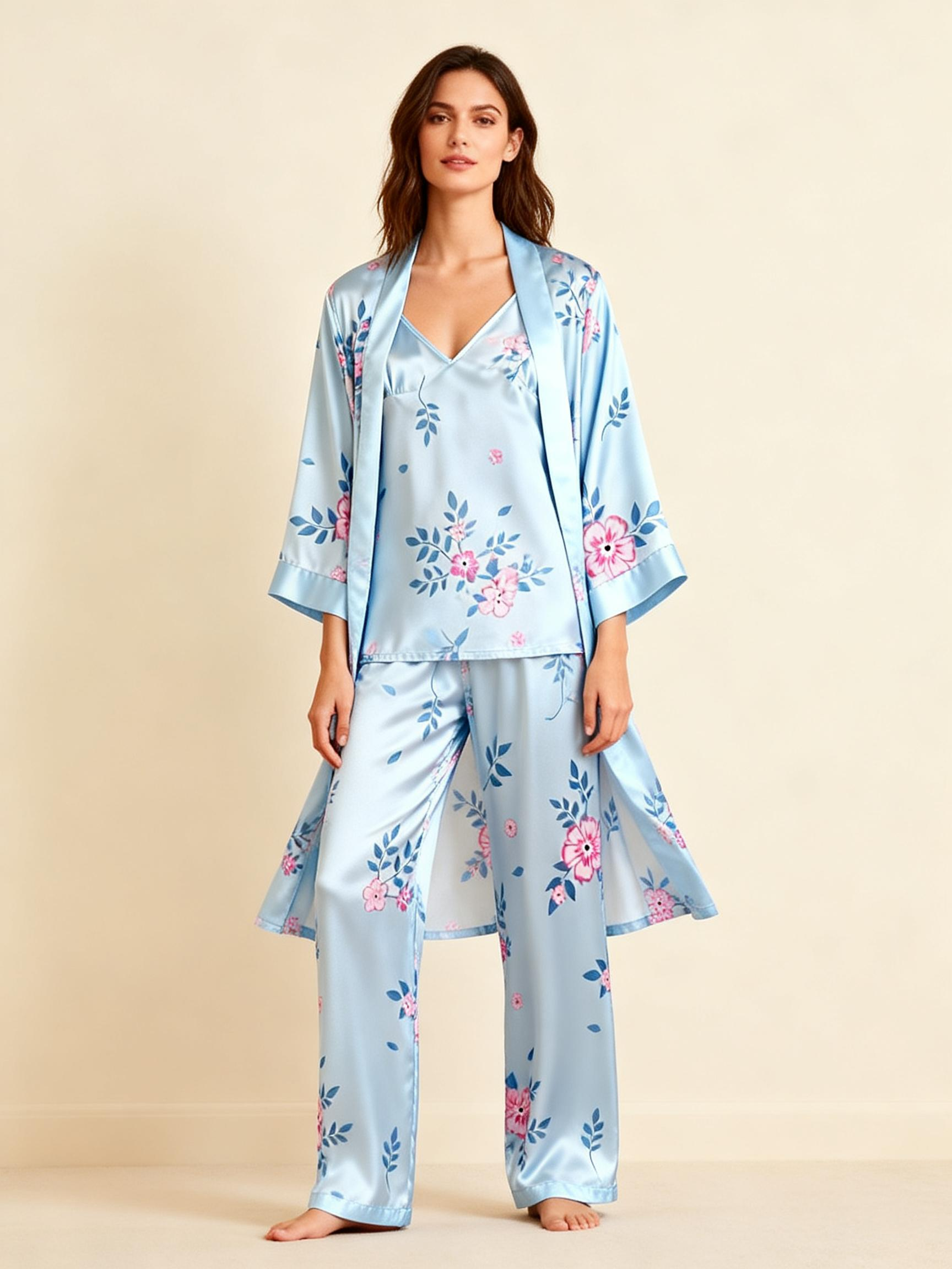 Women's Blue Silky Satin Homewear Set with Floral Illustration