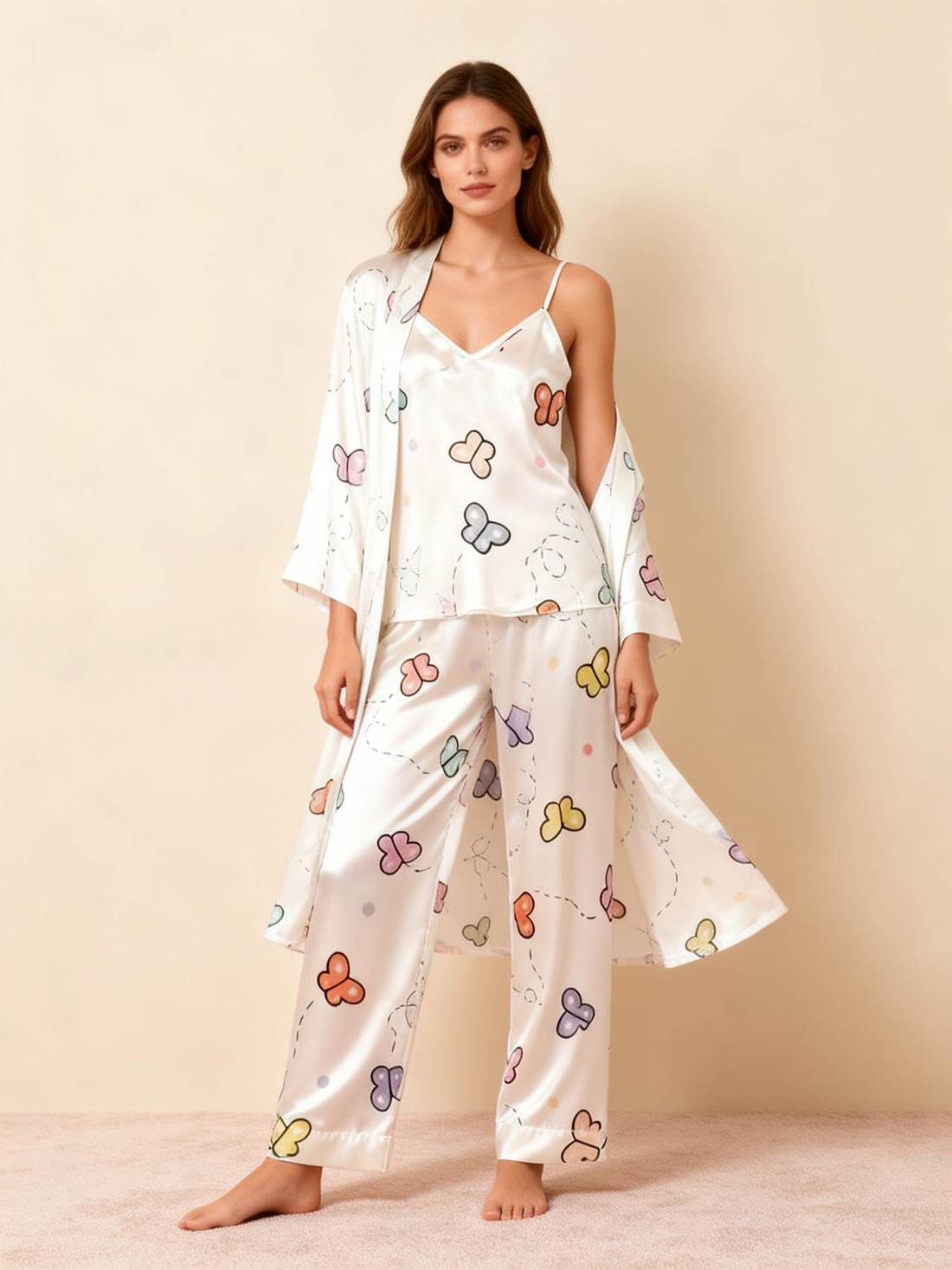 Premium Satin Nightwear Trio With Colorful Butterflies Motif