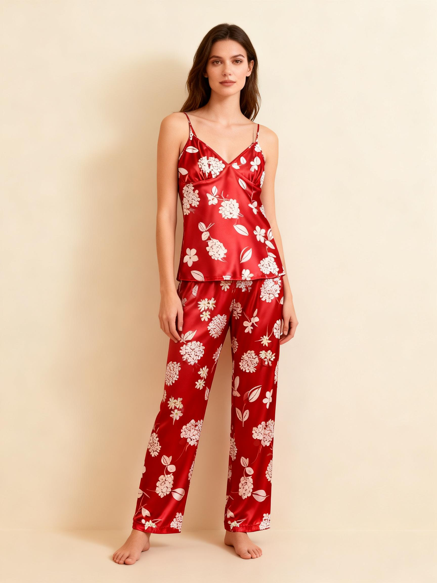 Women's Red Silky Satin Homewear Set in Midnight Romance Style