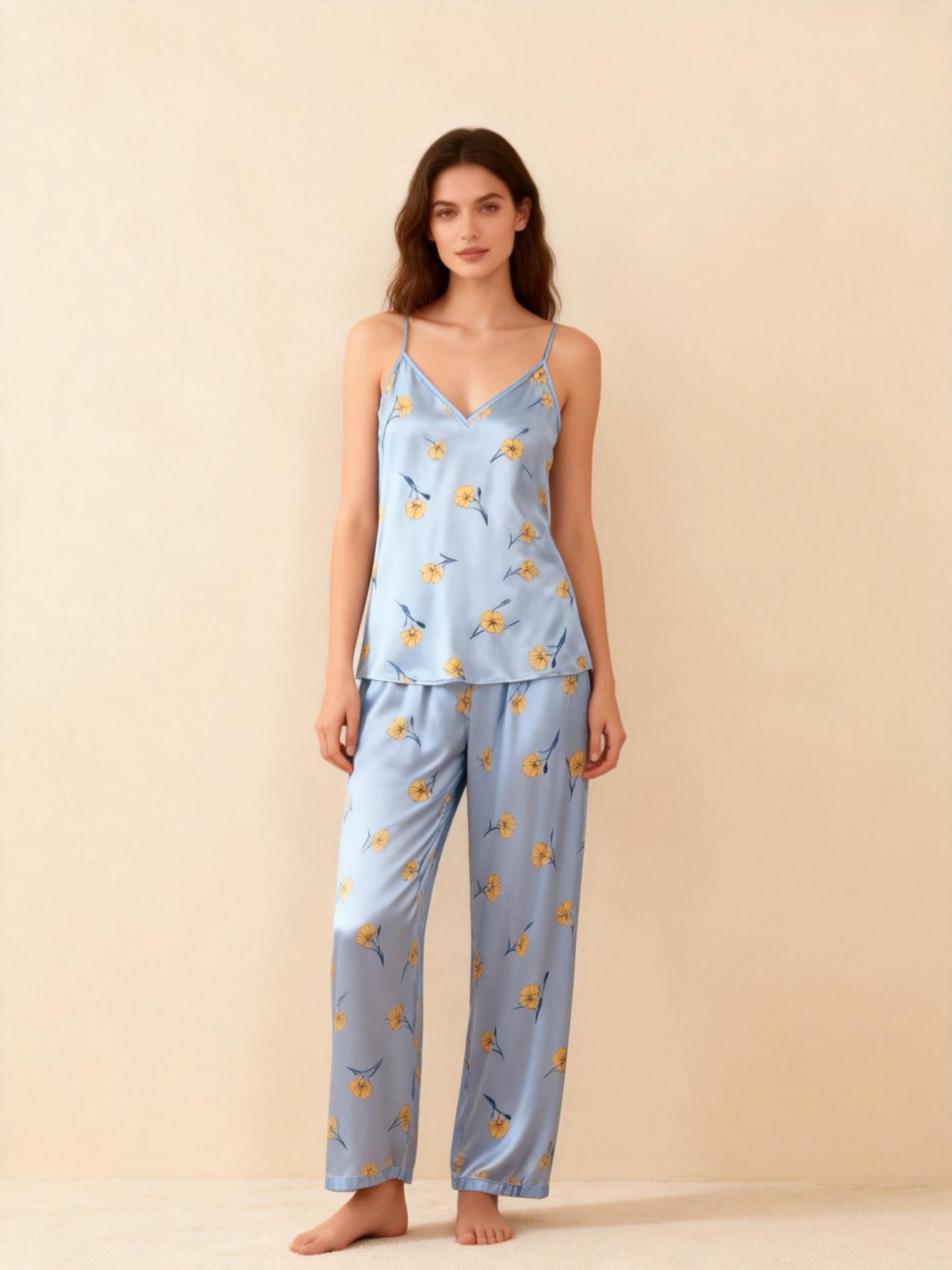 Women's Blue Silky Satin Homewear Set with Yellow Floral Motifs