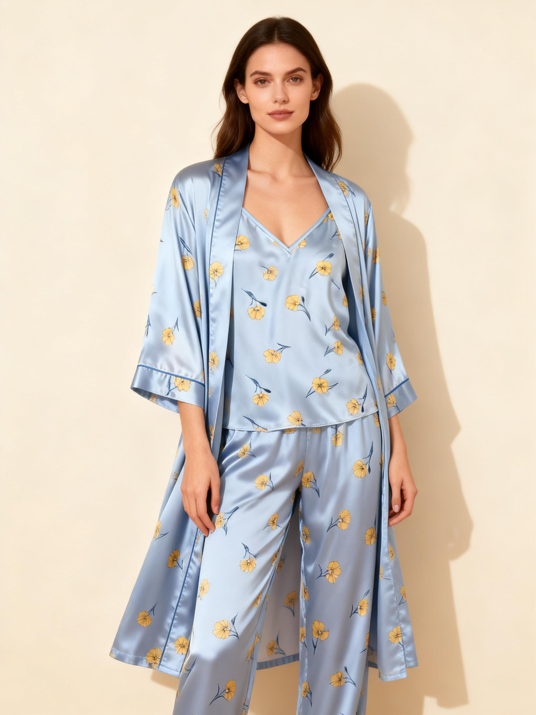 Women's Blue Silky Satin Homewear Set with Yellow Floral Motifs