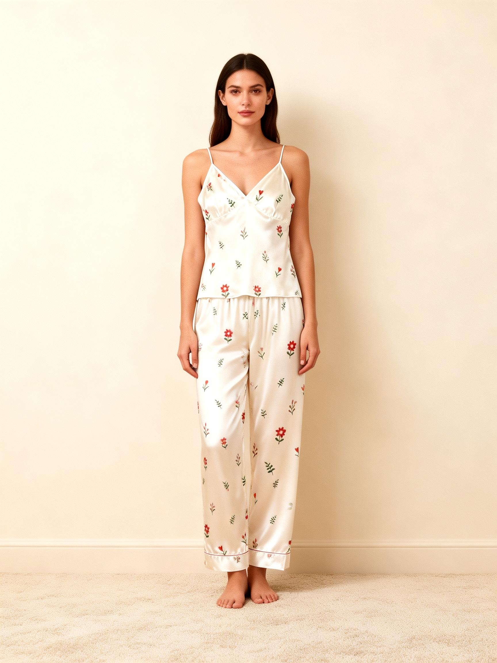 Women's Classic Satin Pajama Set with Cute Florals Motifs