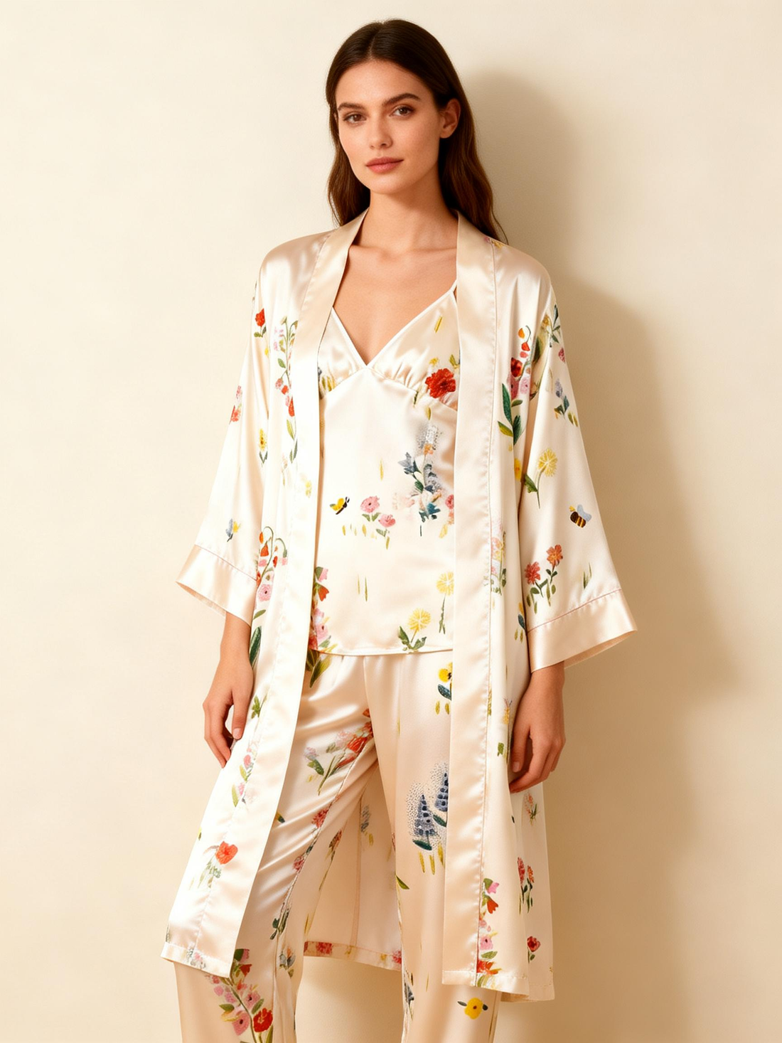 Silky Satin 3-Piece Nightwear Set with Colorful Florals Design