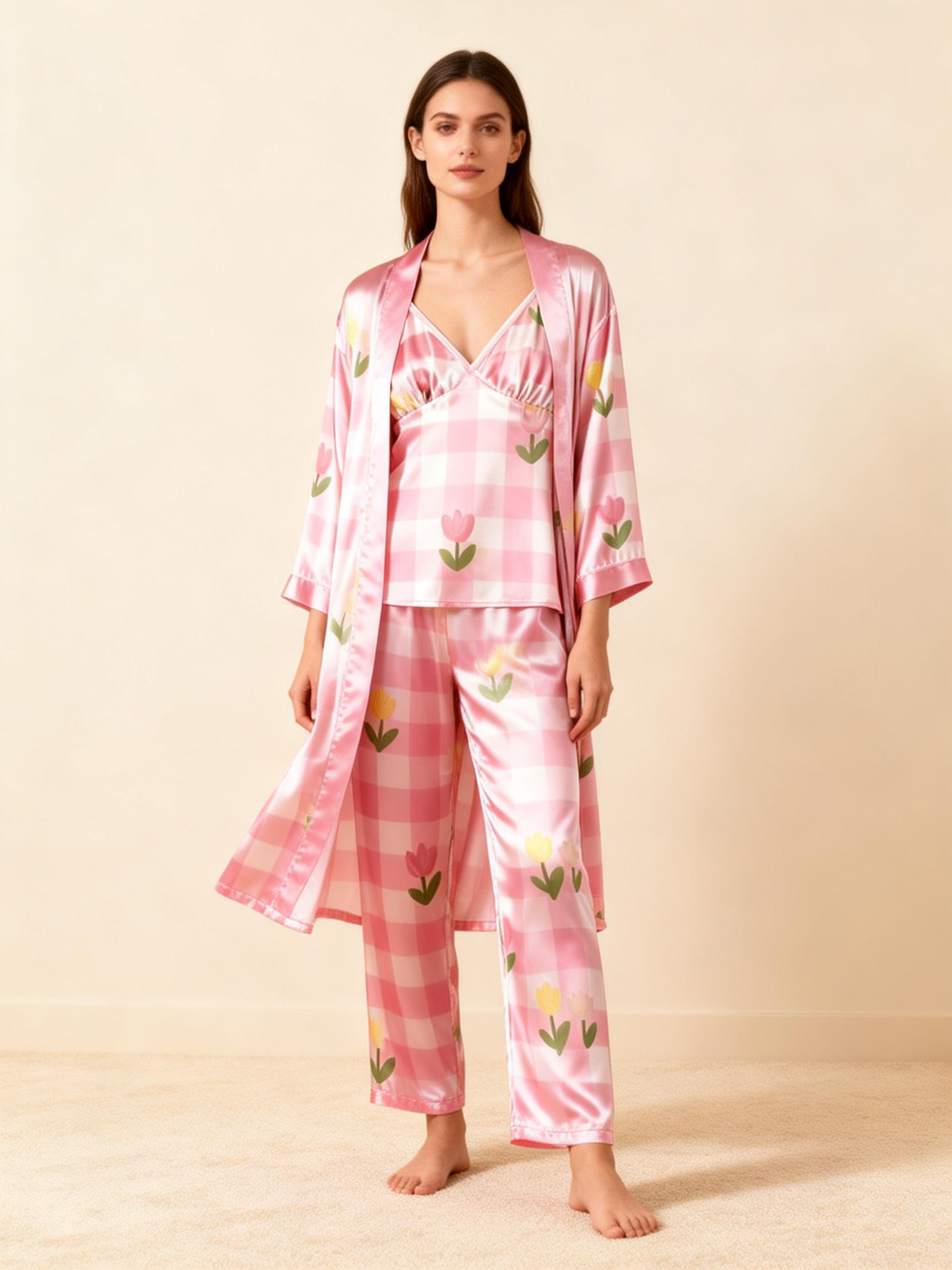Women's Classic Pink Plaid Satin Pajama Set with Sweet Florals