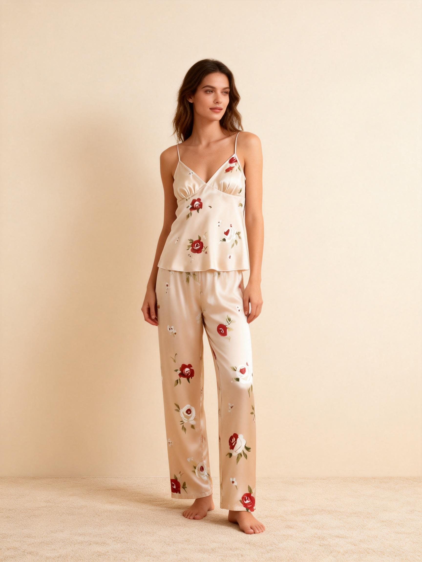 Satin 3-Piece Sleepwear Set with Botanical Print