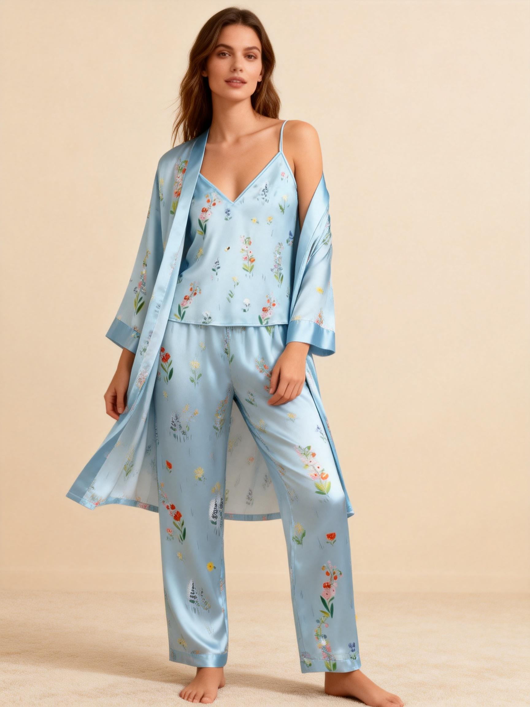 Women's Silky Satin Homewear Set with Natural Floral Illustration