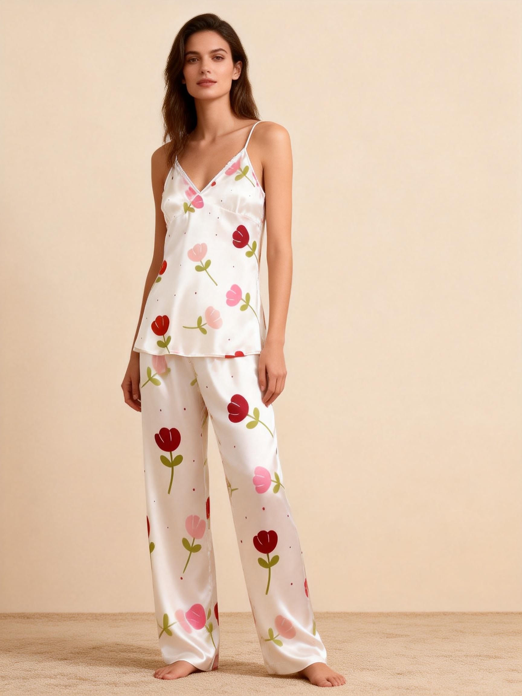Feminine Satin Pajama Trio with Soft Floral Details