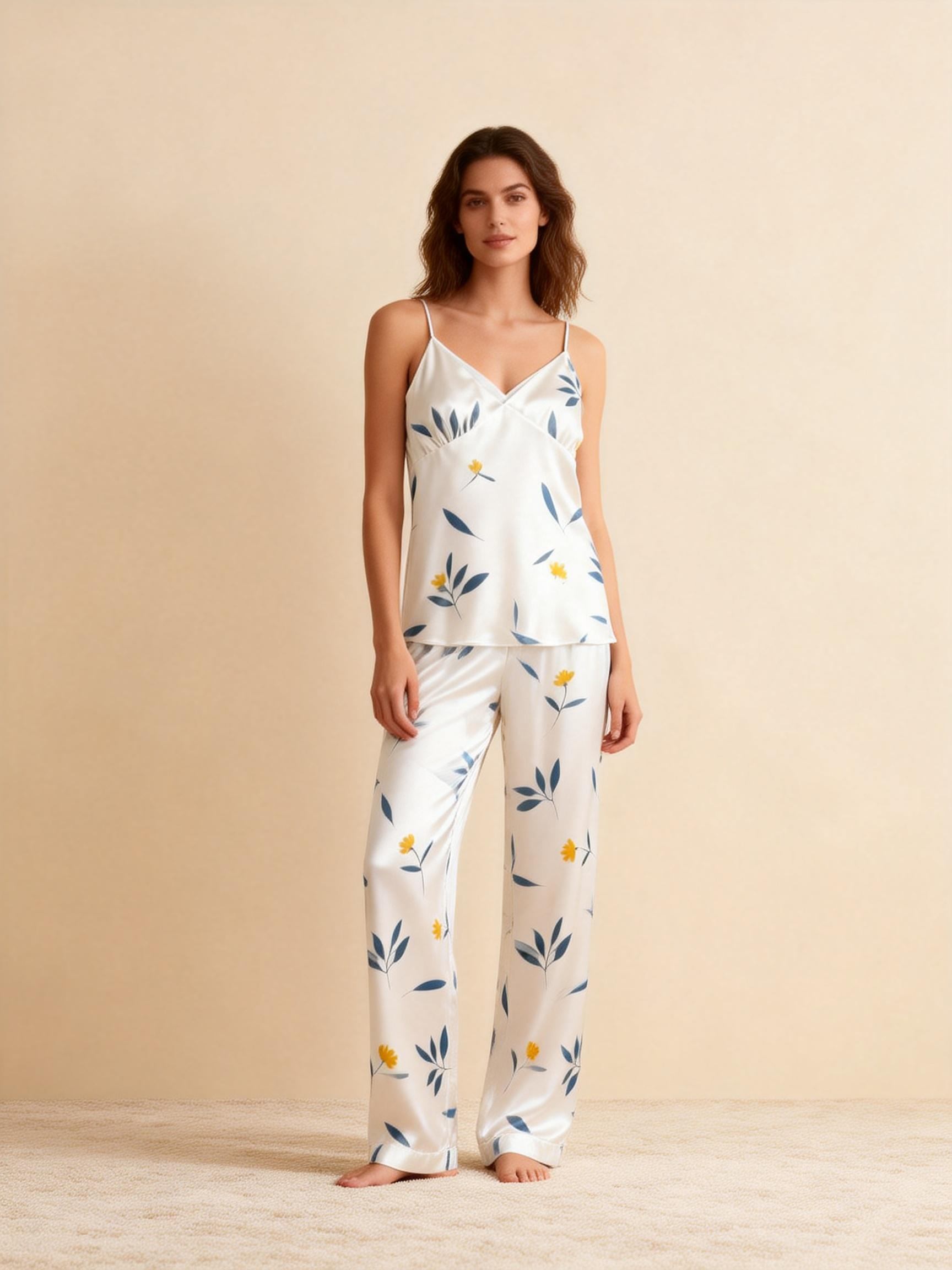 Women's Classic Satin Pajama Set with Botanical Leaves Motifs