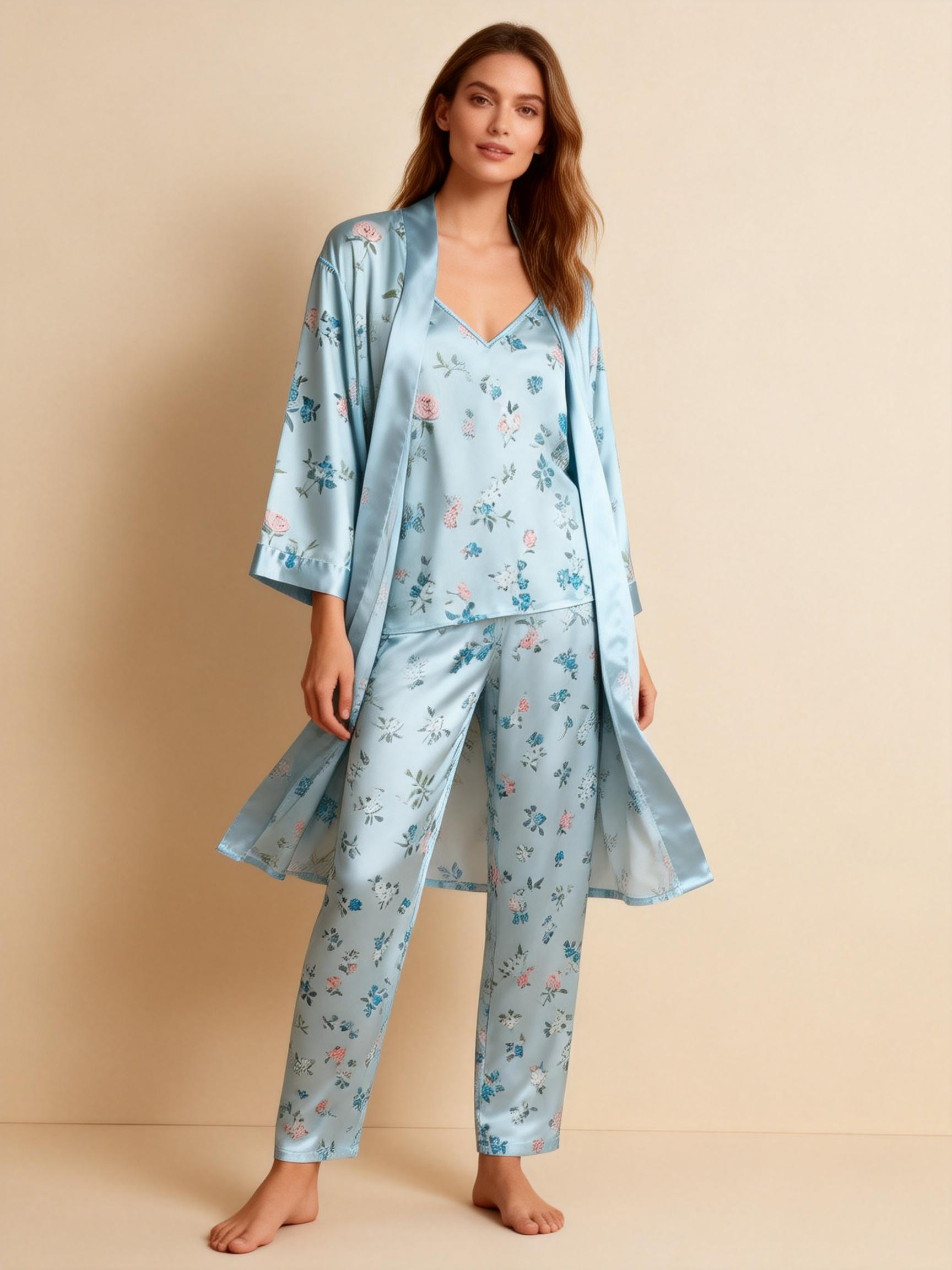 Women's Light Blue Silky Satin Homewear Set with Floral Motifs