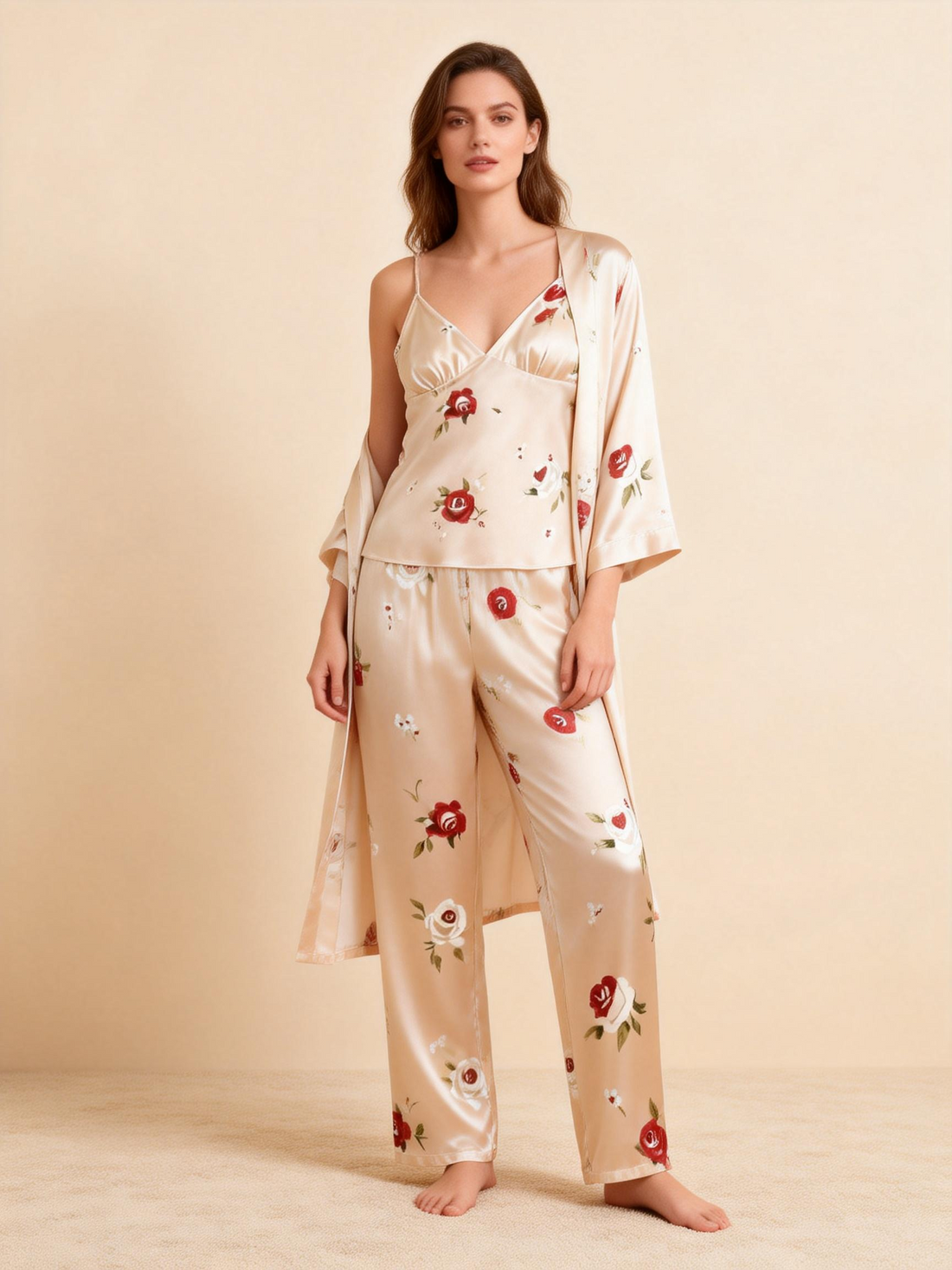 Satin 3-Piece Sleepwear Set with Botanical Print
