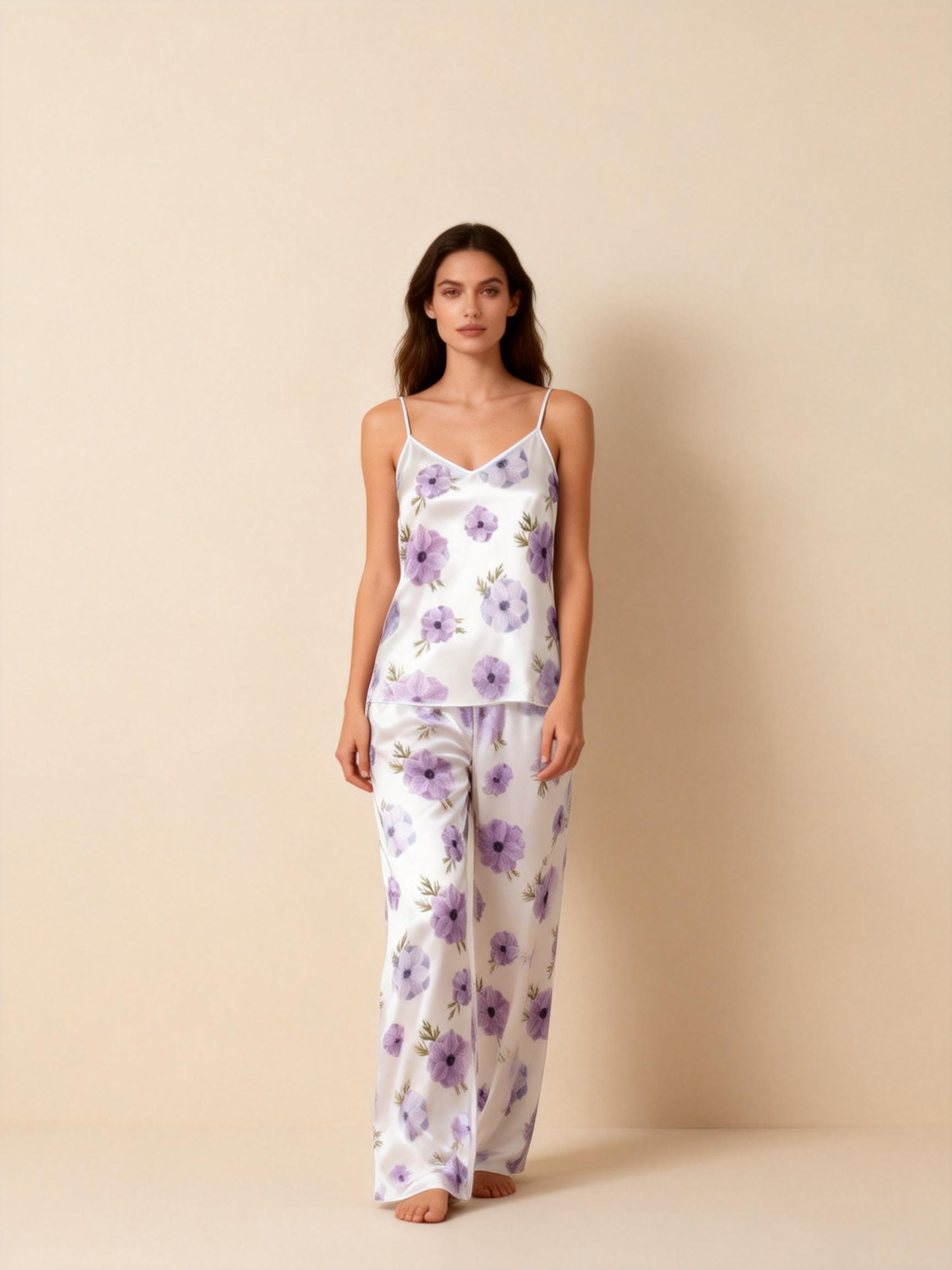 Satin 3-Piece Sleepwear Set with Purple Floral Design