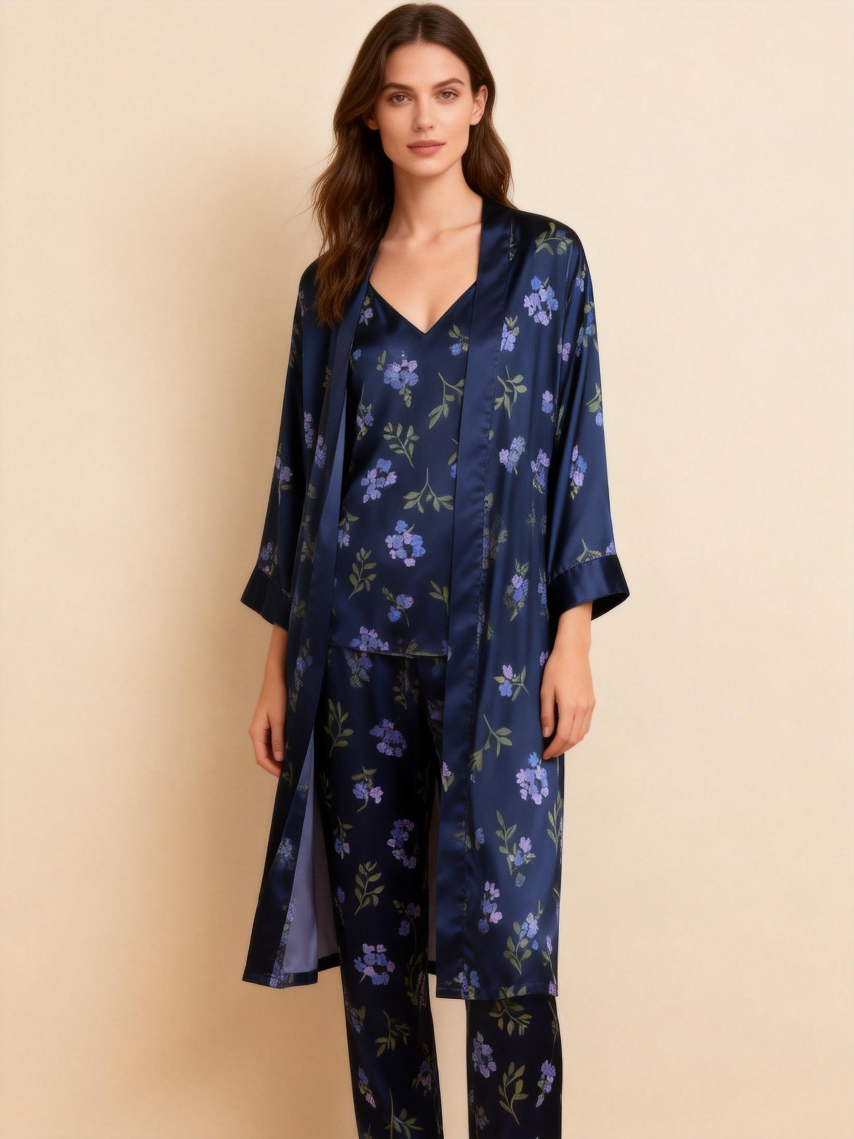 Women's Silky Satin Homewear Set with Purple Blossoms Motifs