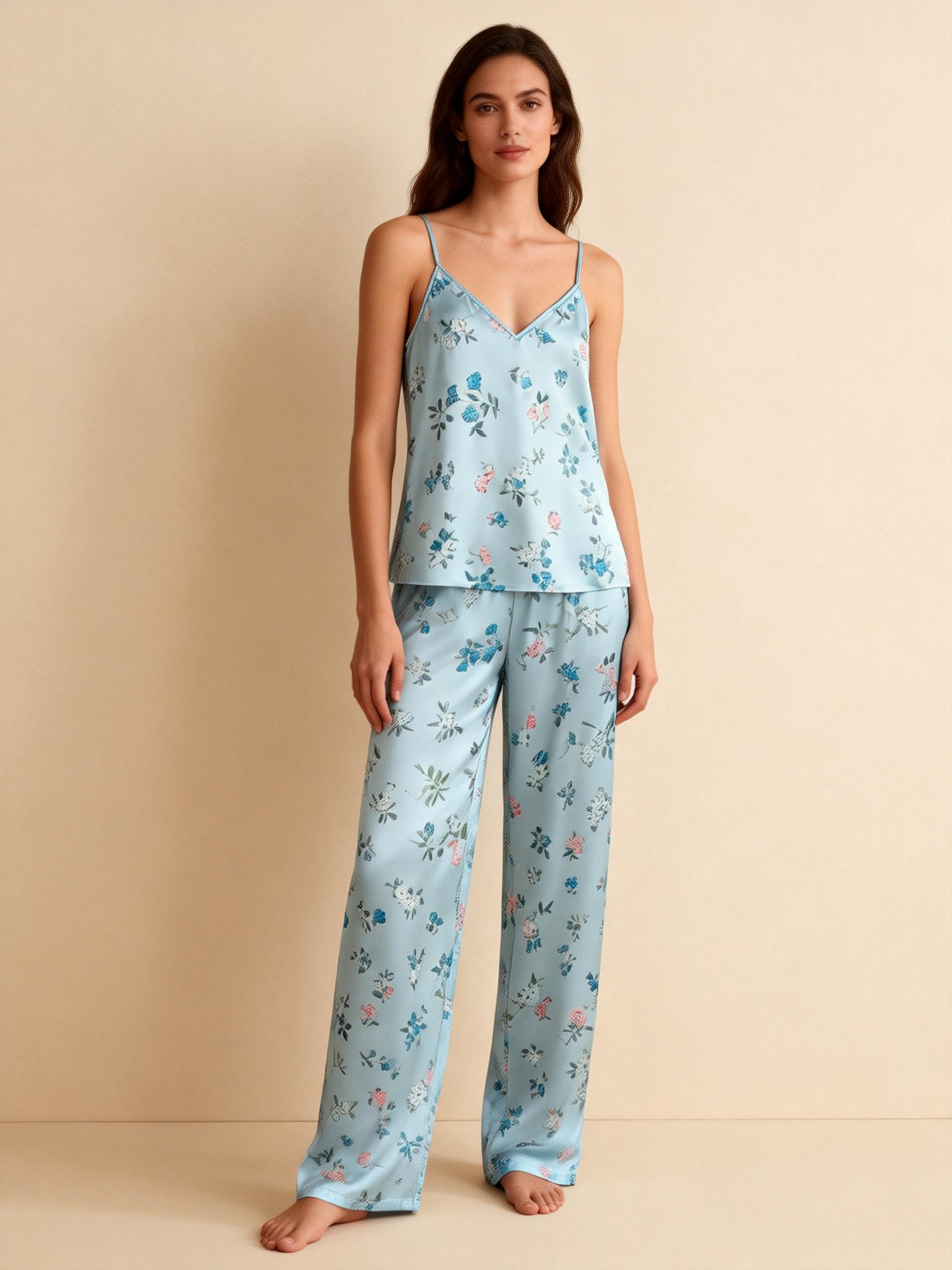 Women's Light Blue Silky Satin Homewear Set with Floral Motifs