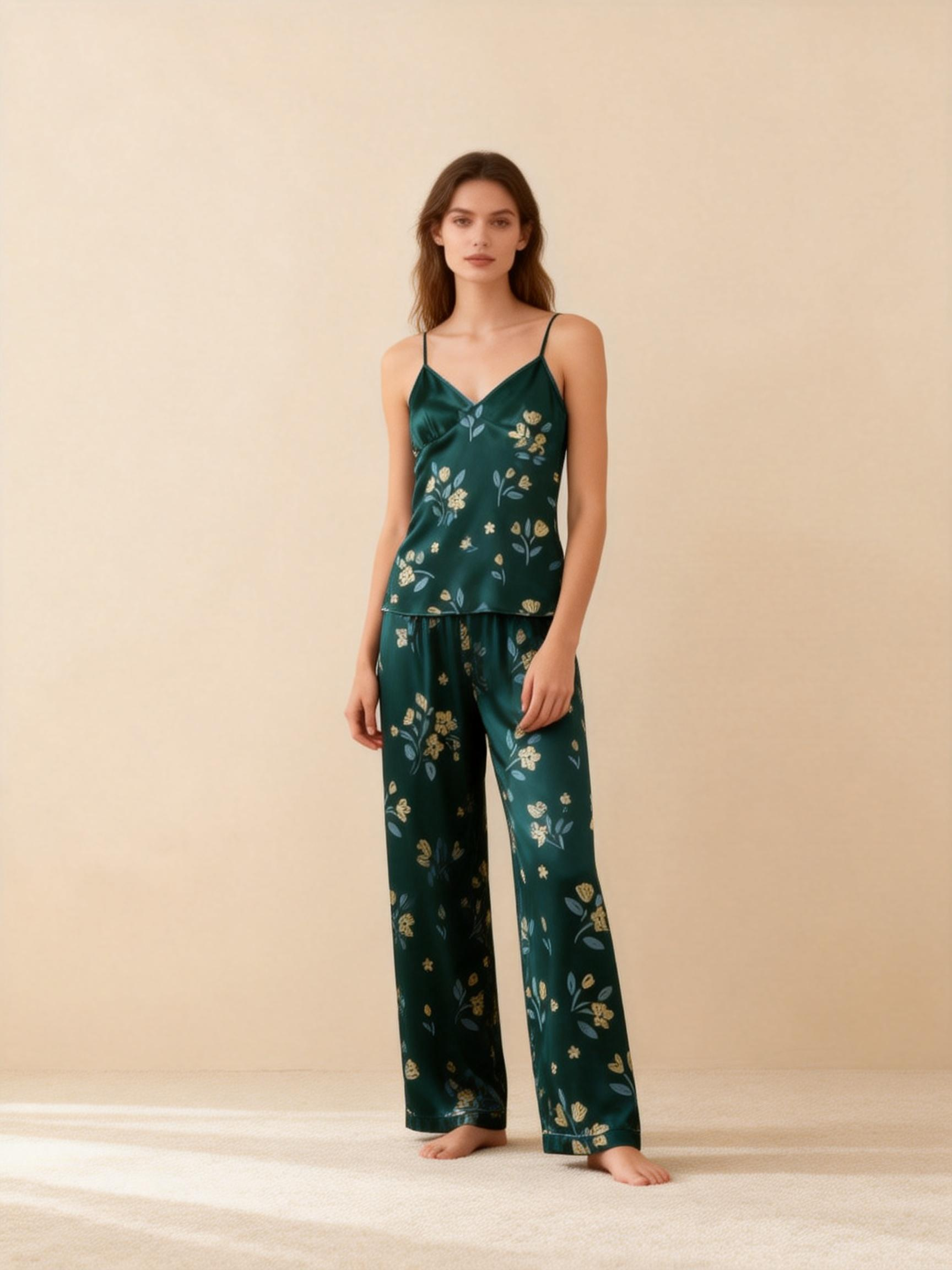 Satin 3-Piece Sleepwear Set with Elegant Green Design