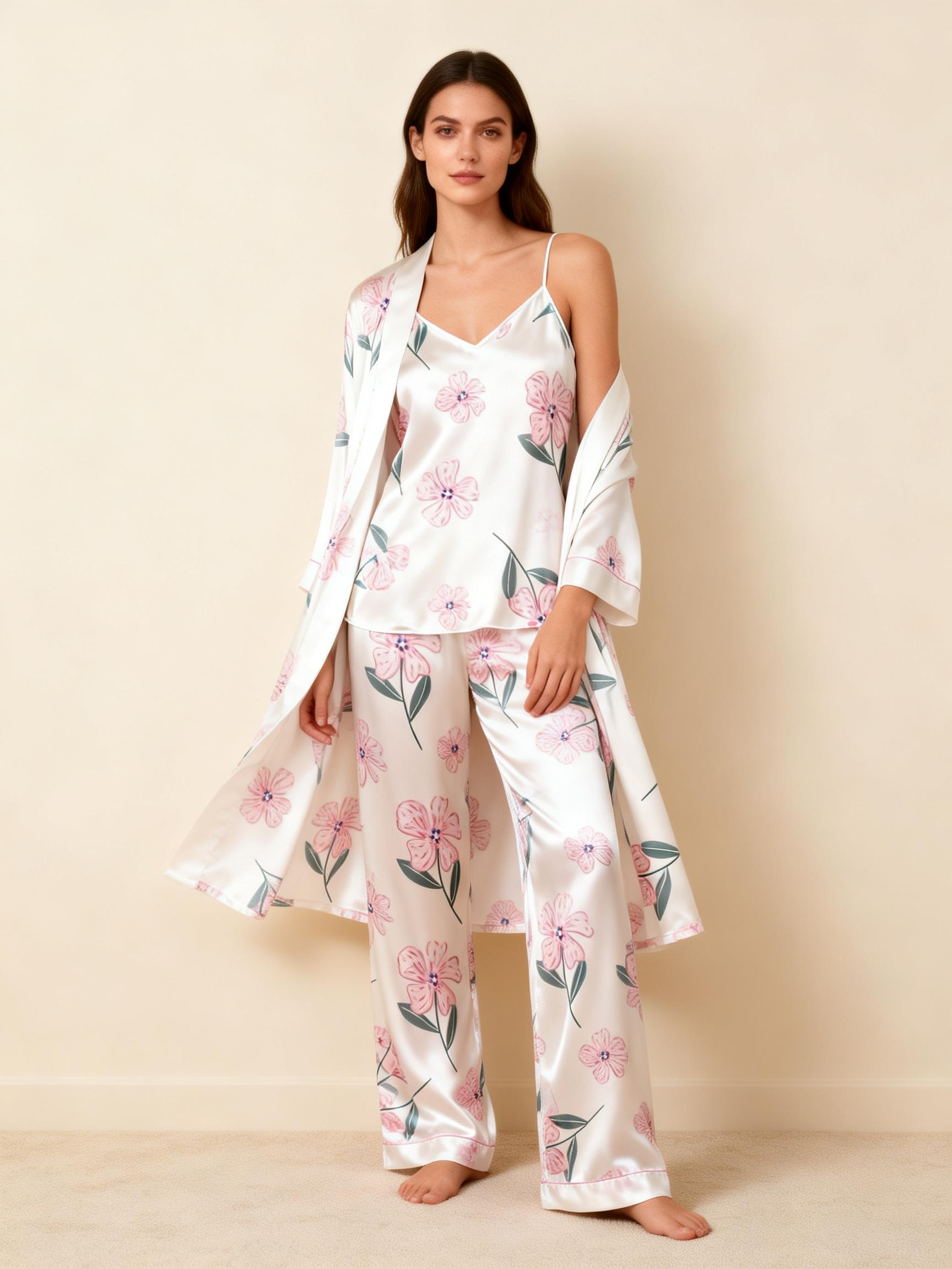 Women's Satin 3-Piece Loungewear Set in Elegant Pink Florals Style