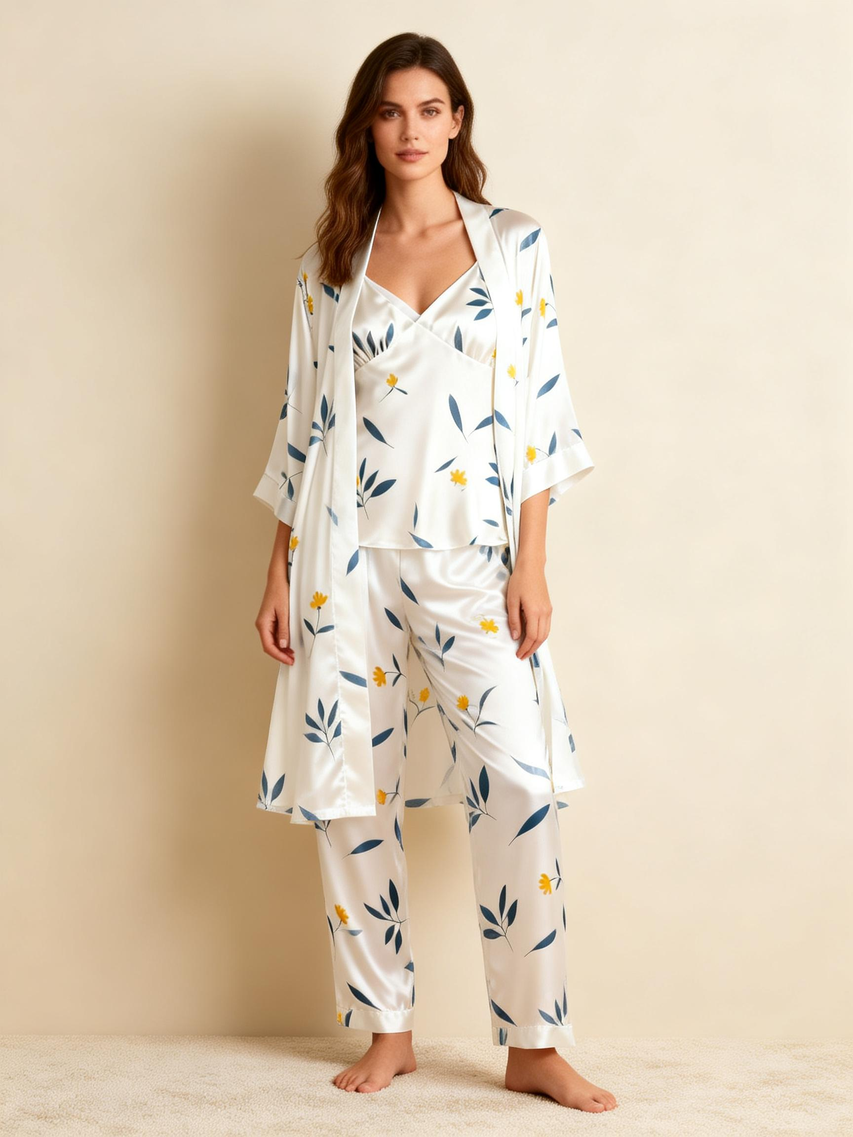 Women's Classic Satin Pajama Set with Botanical Leaves Motifs