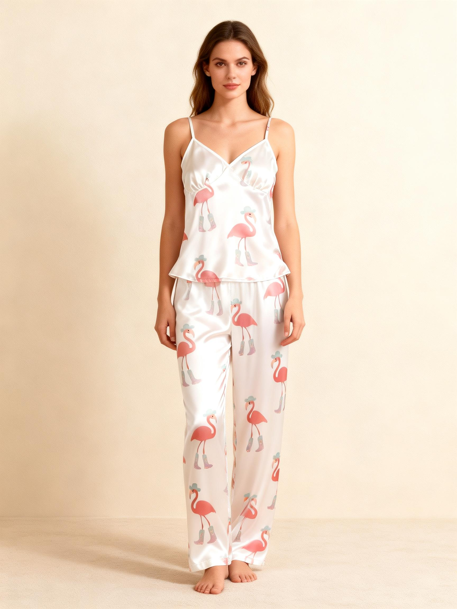 3-Piece Satin Nightwear Set with Pink Flamingo Pattern