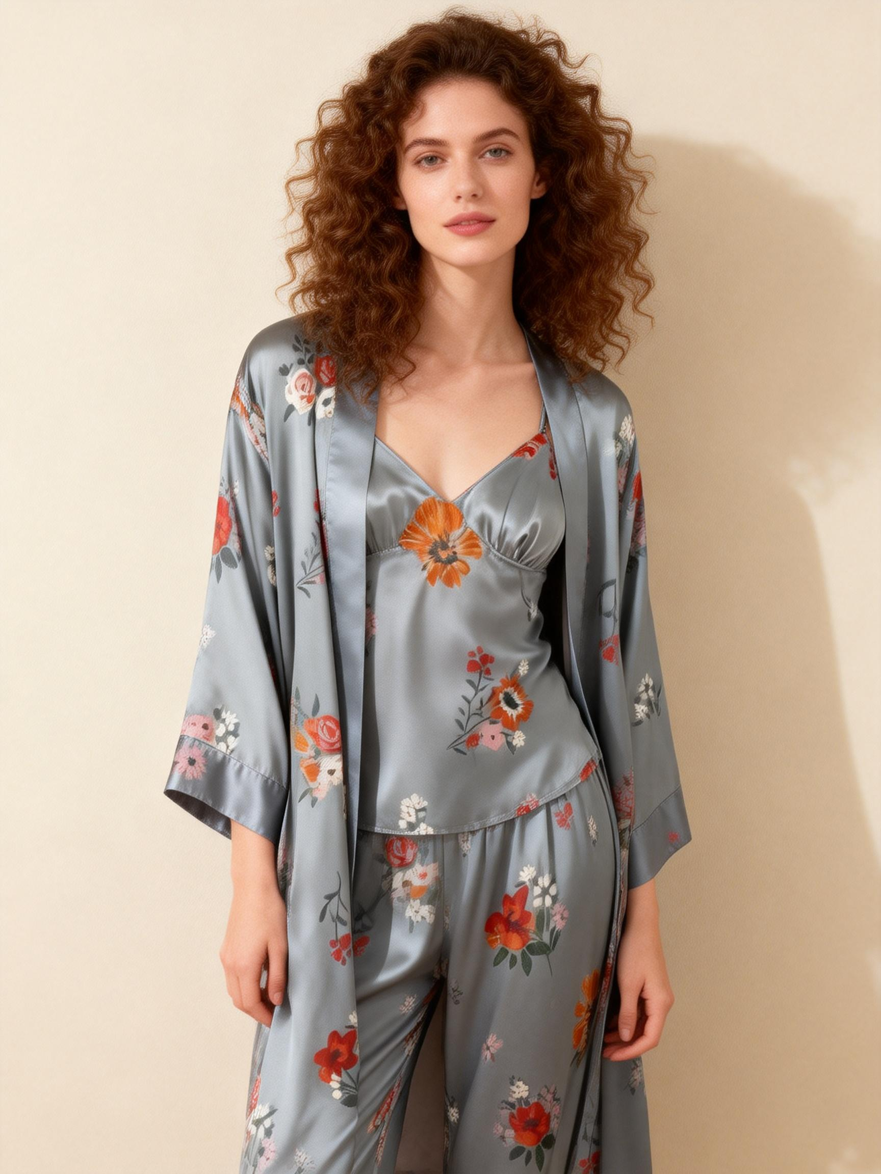 3-Piece Satin Nightwear Set with Vintage Floral Pattern