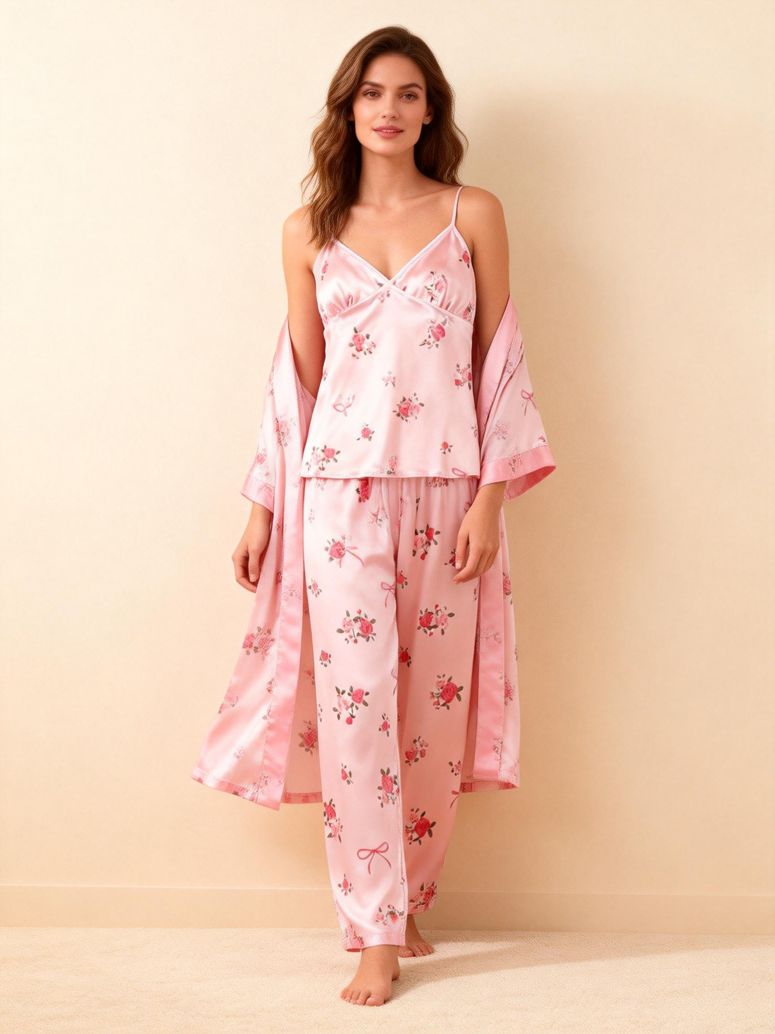Women's Pink Silky Satin Homewear Set with Romantic Floral Motifs