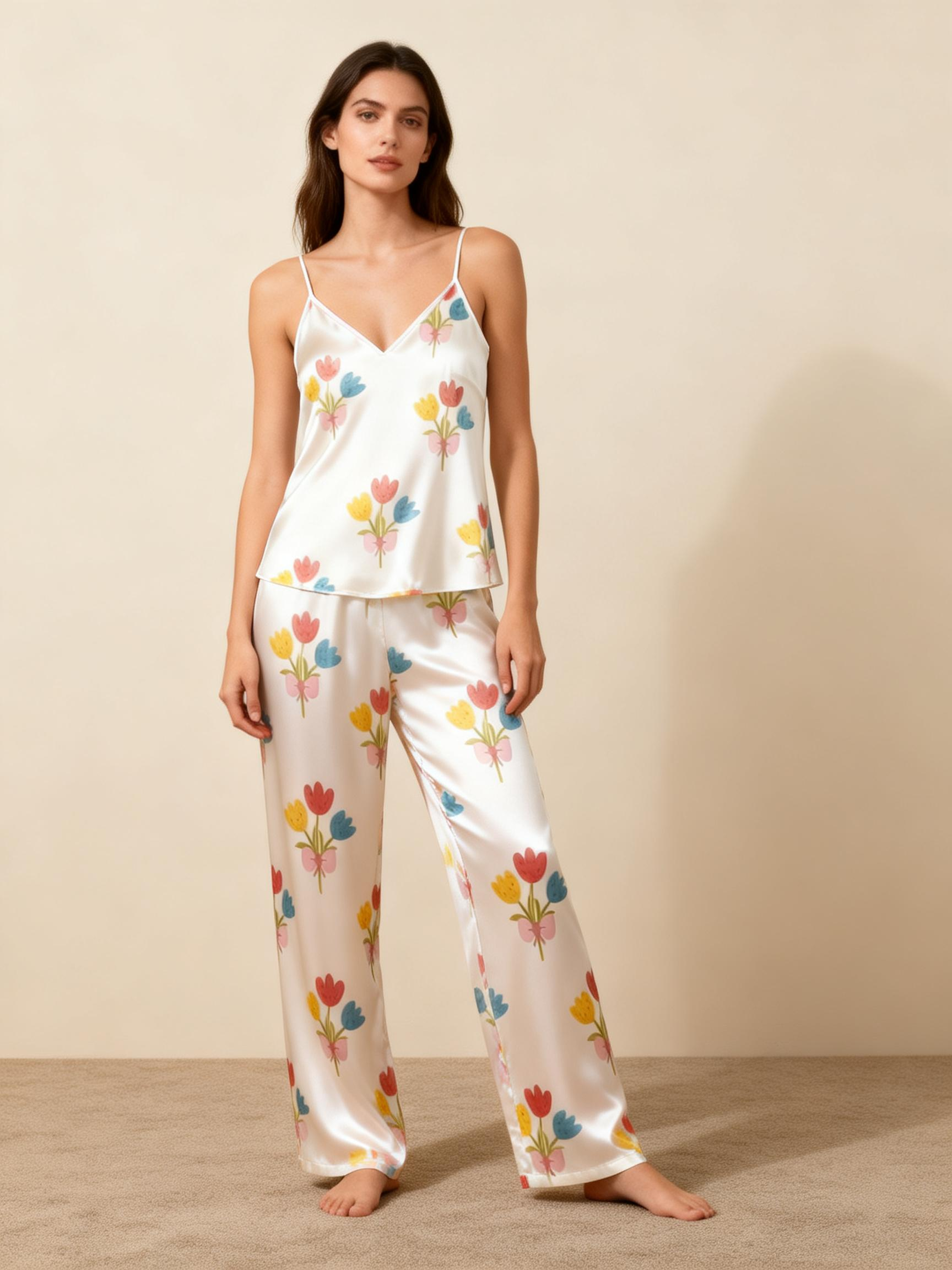 Women's Classic Satin Pajama Set with Colorful Floral Motifs