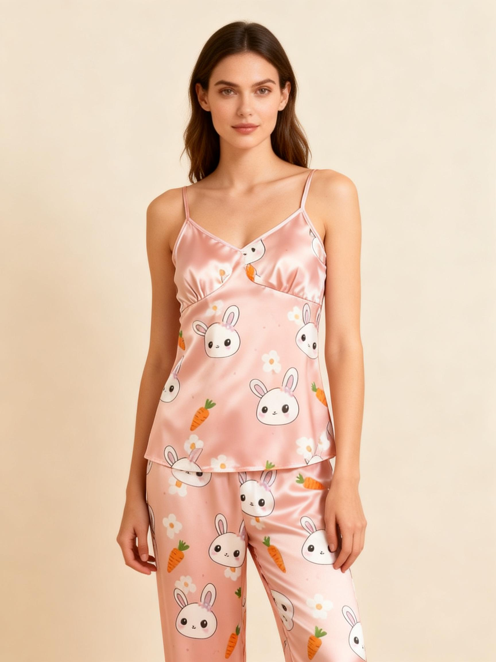 Women's Satin 3-Piece Loungewear Set in Cute Rabbit & Carrot Style