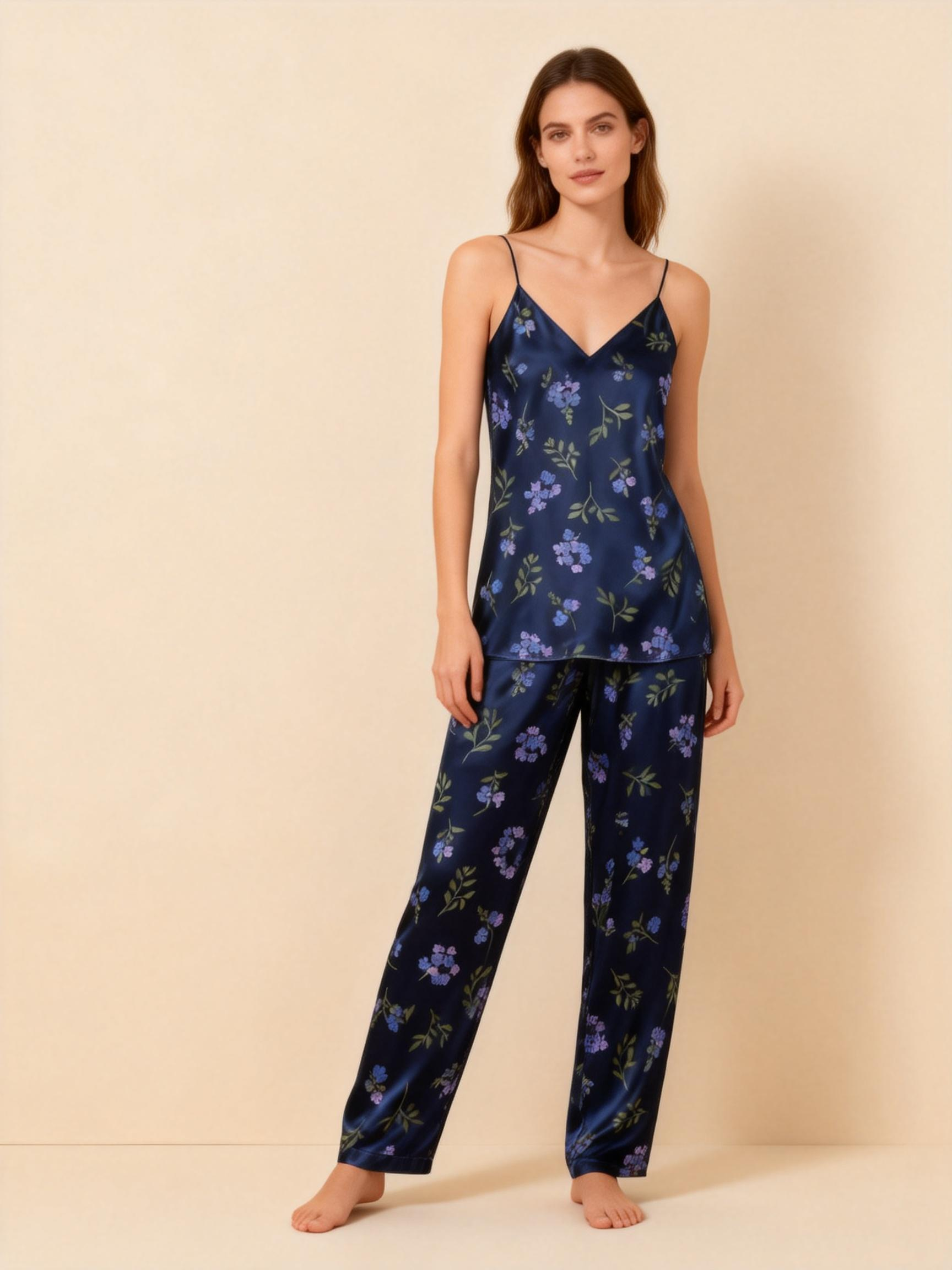 Women's Silky Satin Homewear Set with Purple Blossoms Motifs