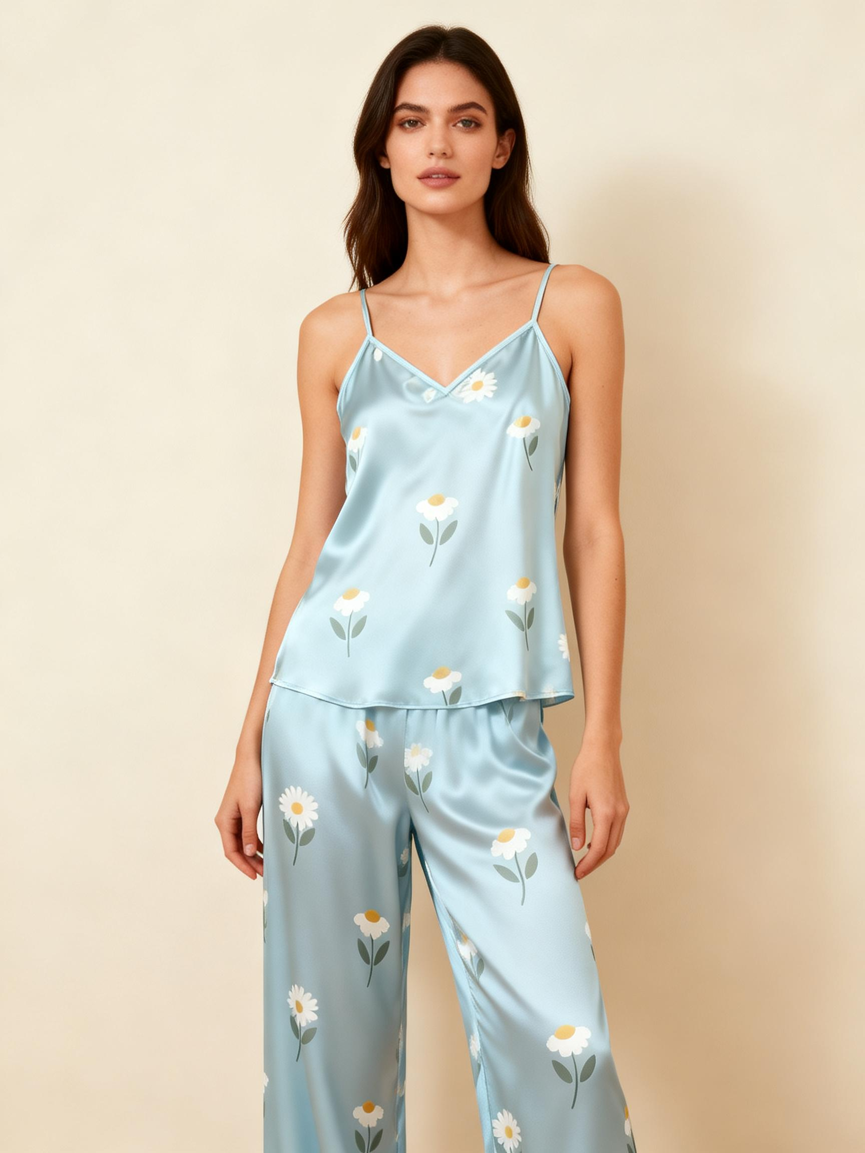 Feminine Satin Pajama Trio with Elegant Floral Details