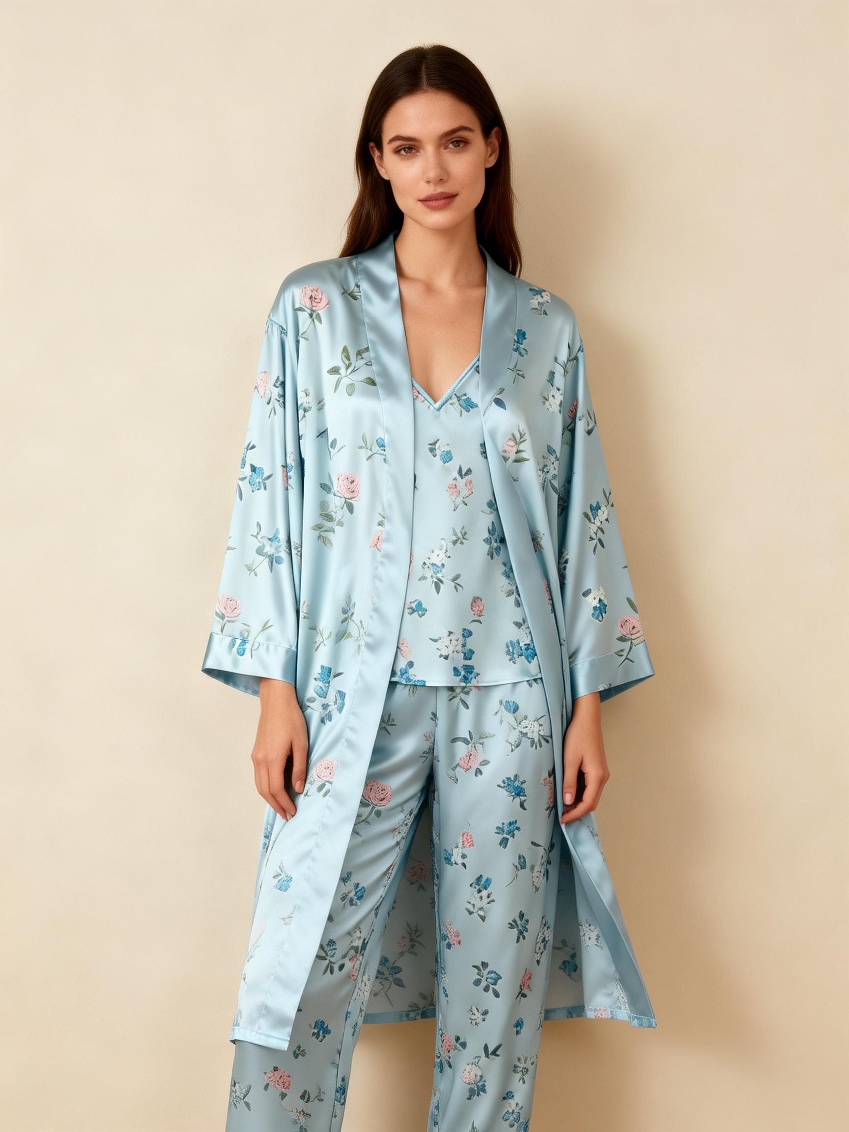 Women's Light Blue Silky Satin Homewear Set with Floral Motifs