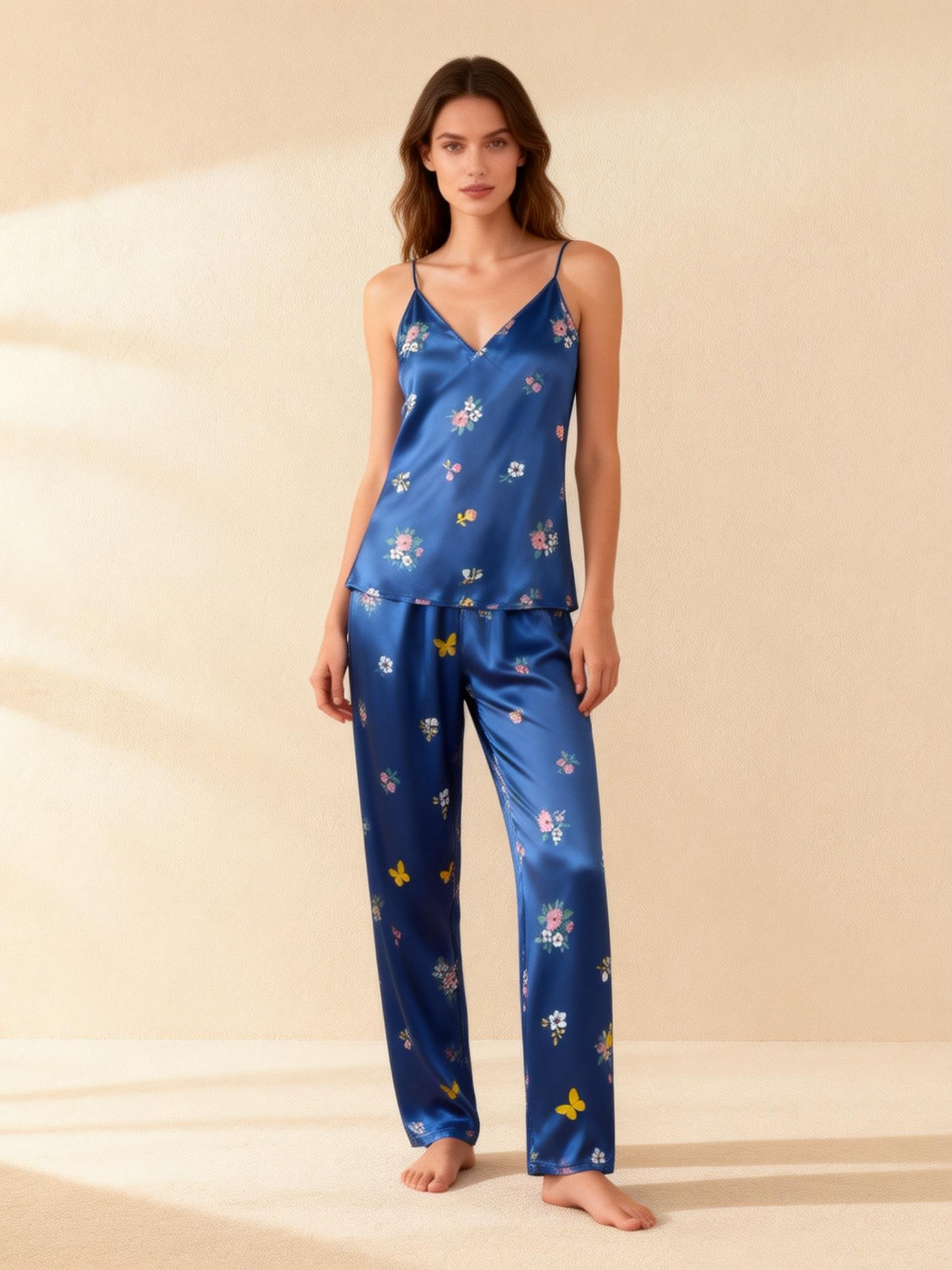 Women's Navy Silky Satin Homewear Set with Soft Pastel Blossoms Motifs