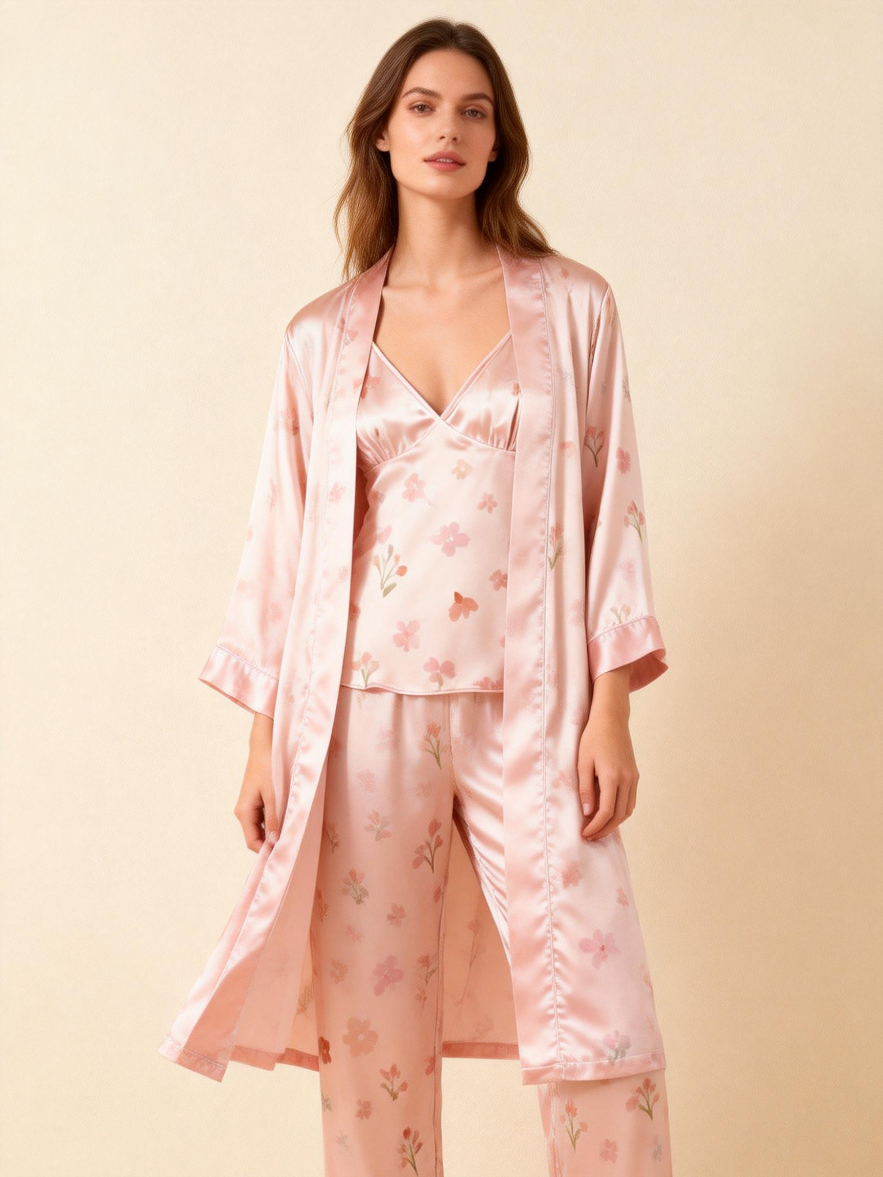Silky Satin 3-Piece Pink Nightwear Set with Florals Design