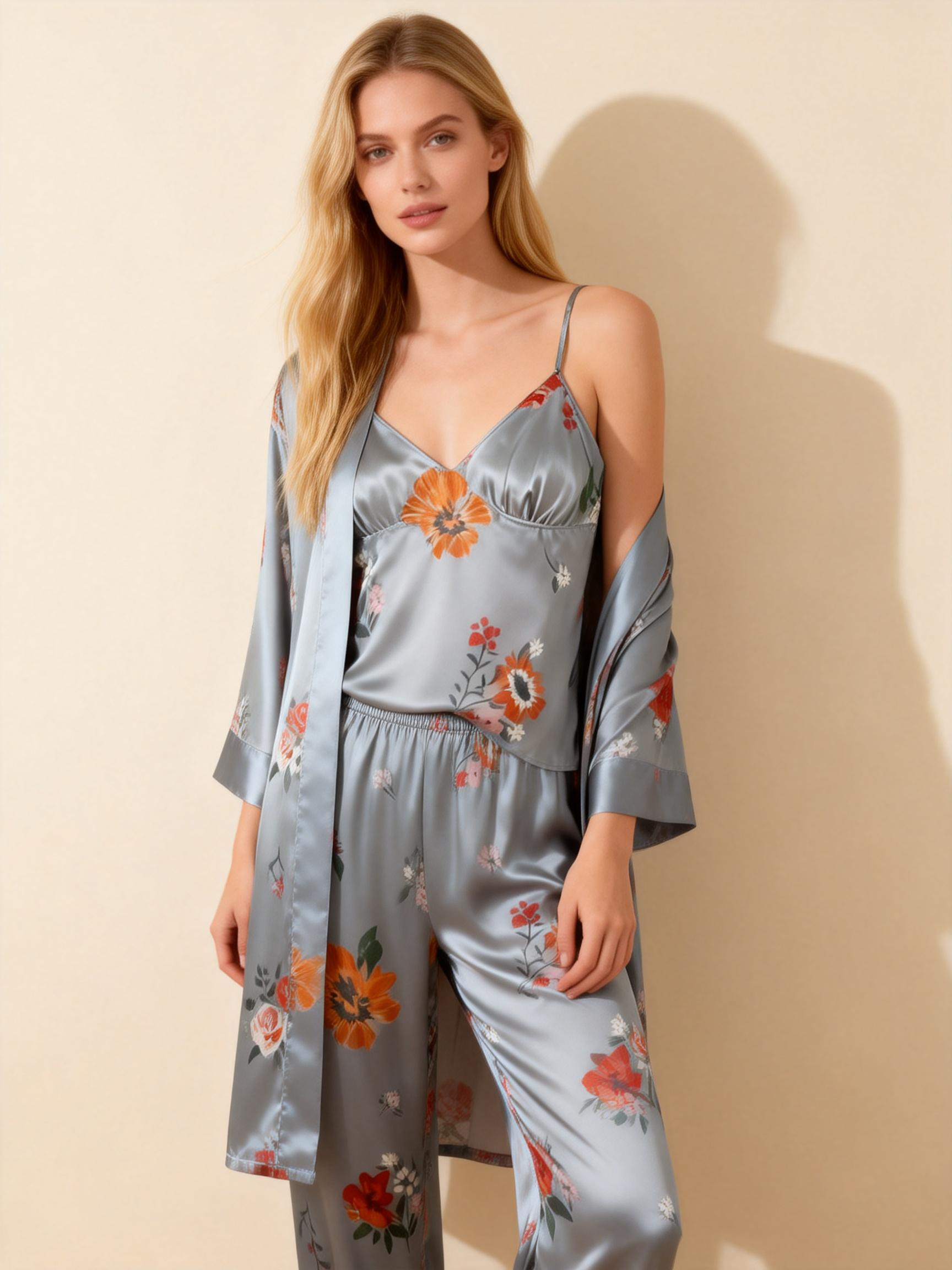 3-Piece Satin Nightwear Set with Vintage Floral Pattern