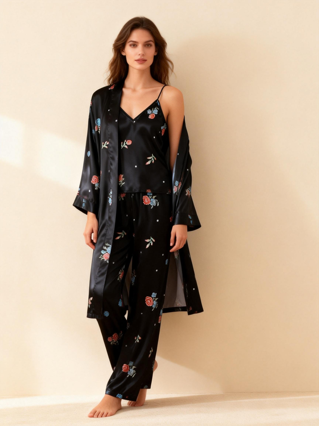Women's Black Silky Satin Homewear Set with Romantic Floral Motifs