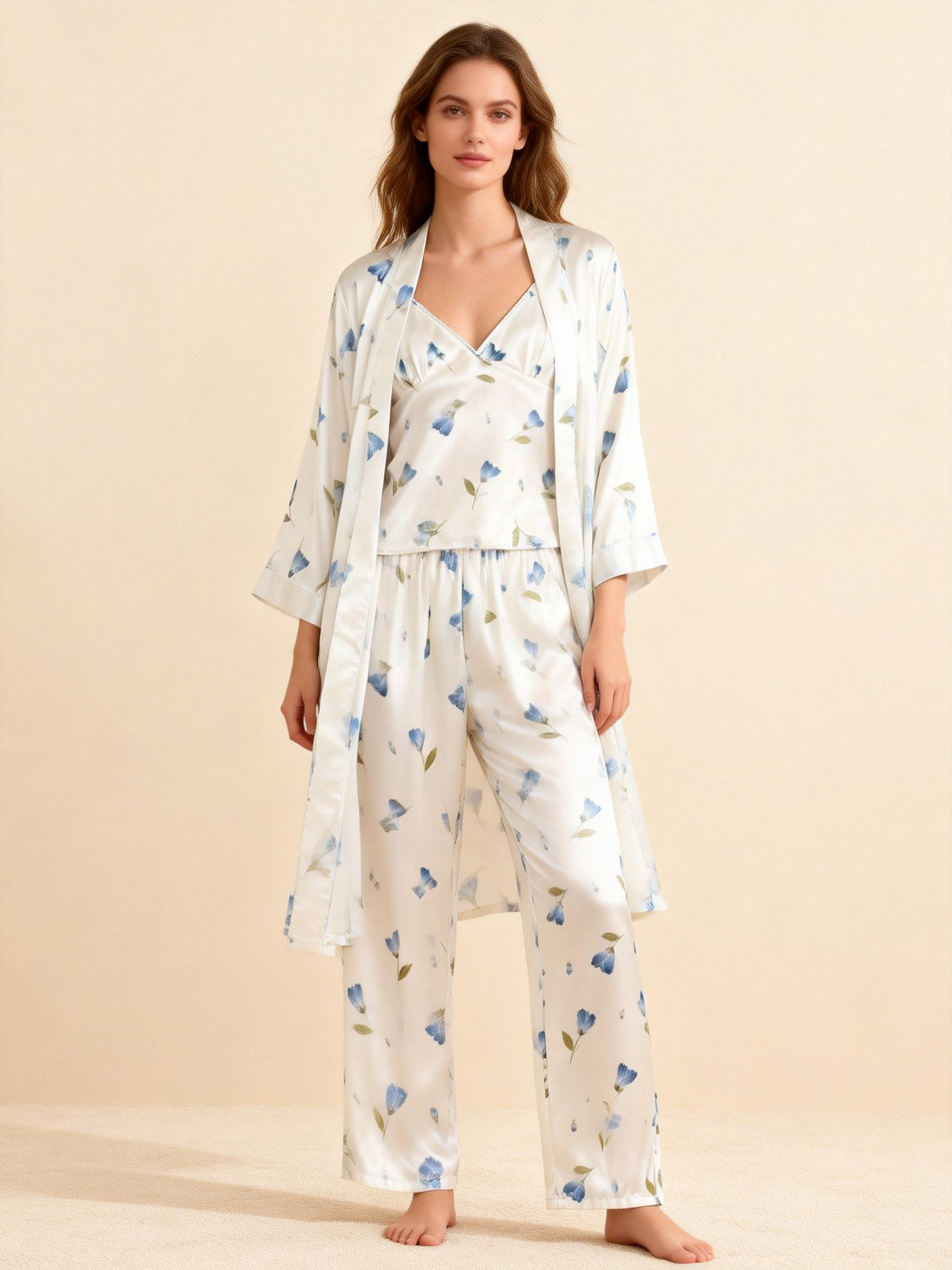 Women's Silky Satin Homewear Set with Watercolor Blue Floral Motifs