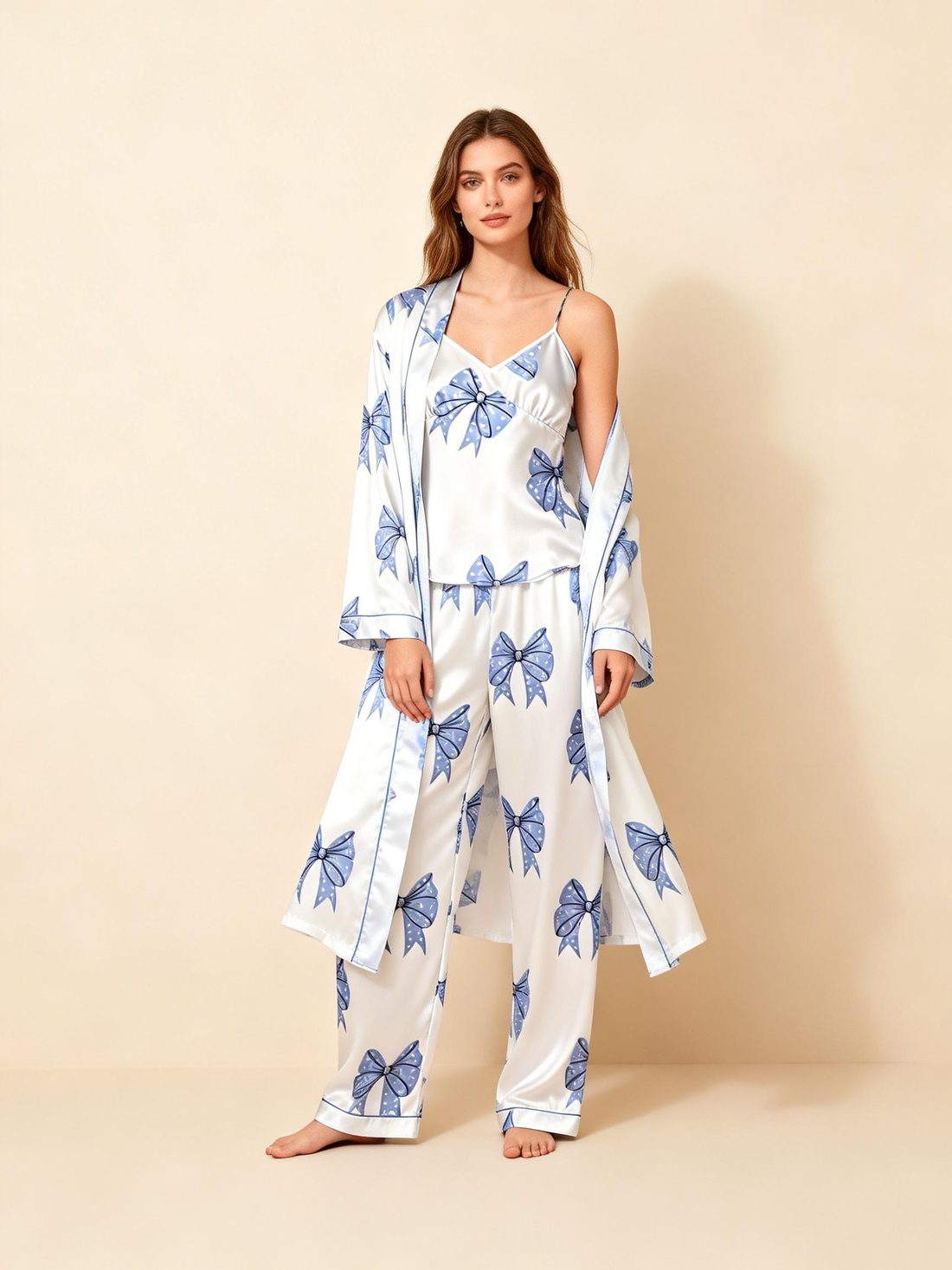 3-Piece Satin Nightwear Set with Lovely Bowknot Pattern