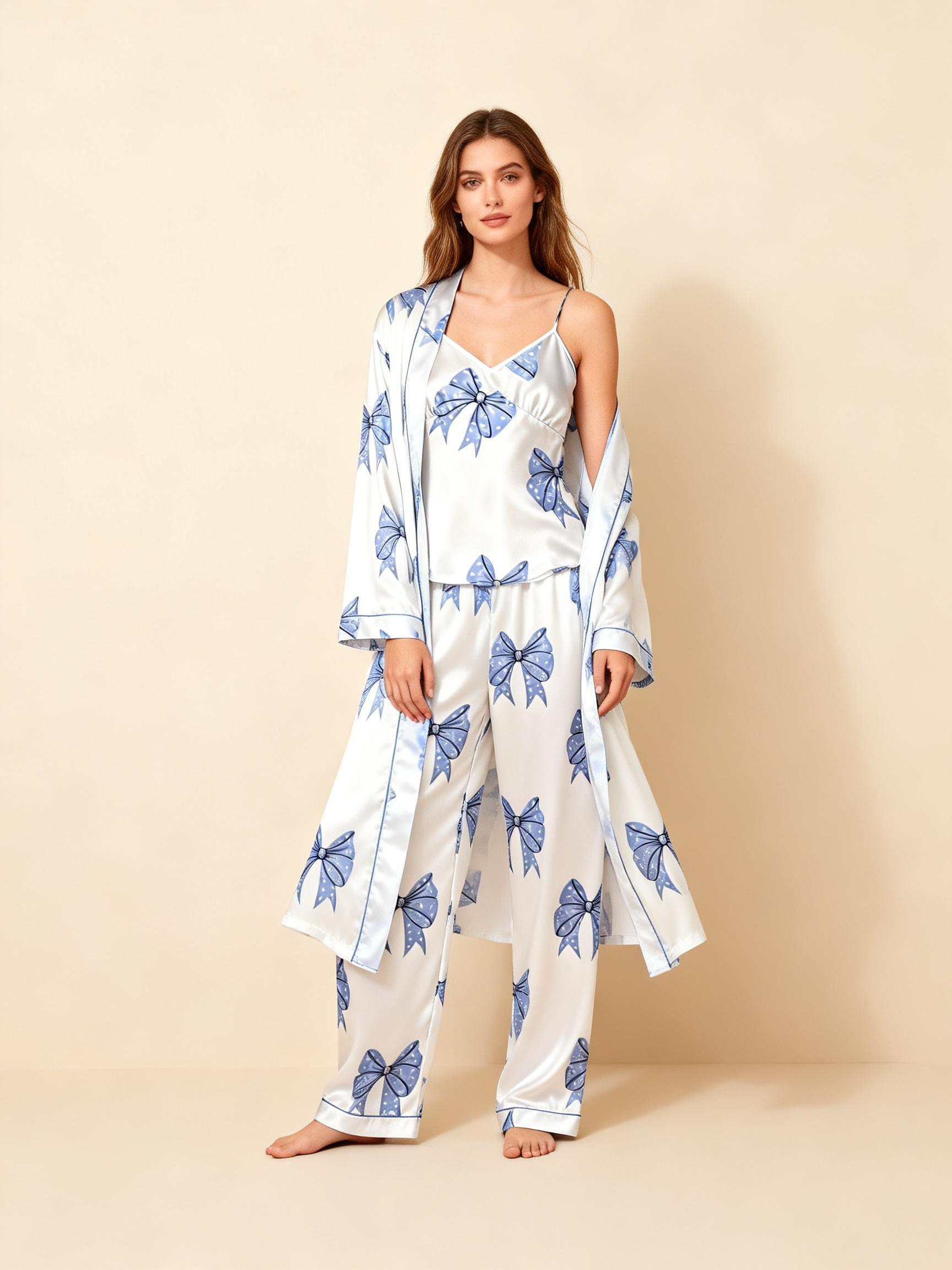 3-Piece Satin Nightwear Set with Lovely Bowknot Pattern
