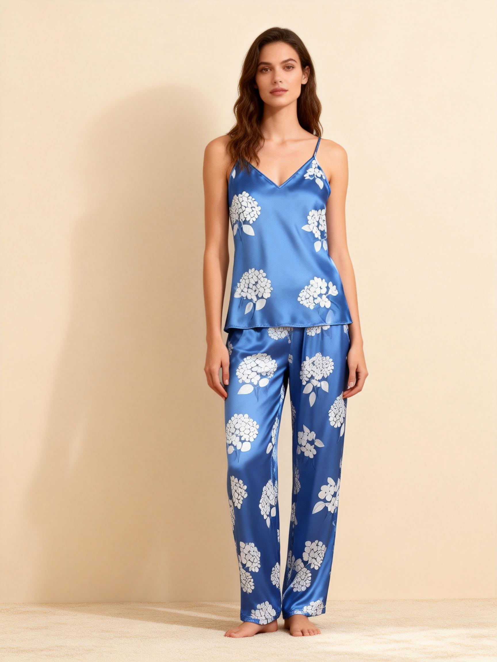 Women's Blue Silky Satin Homewear Set with White Floral Motifs