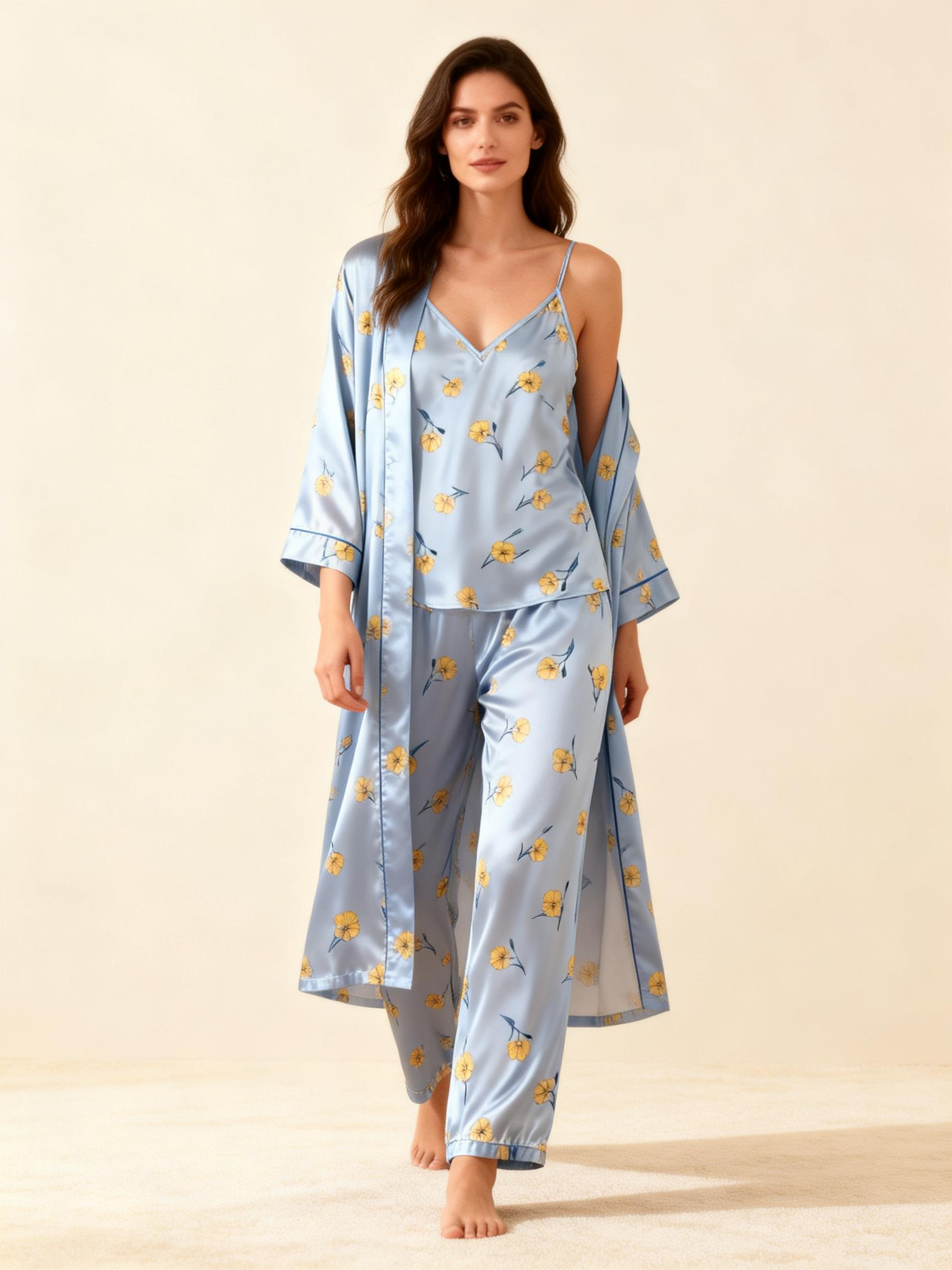 Women's Blue Silky Satin Homewear Set with Yellow Floral Motifs