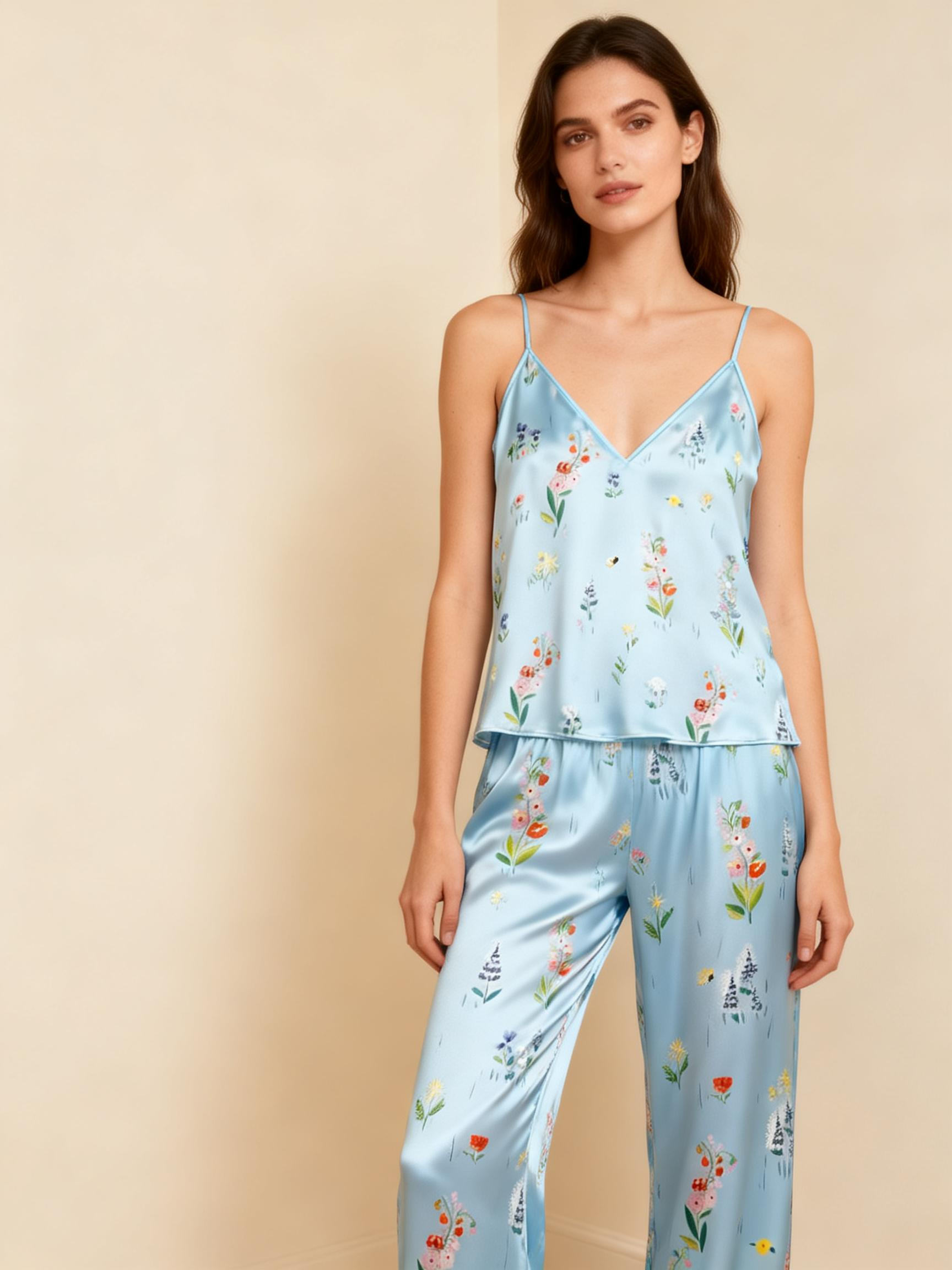 Women's Silky Satin Homewear Set with Natural Floral Illustration
