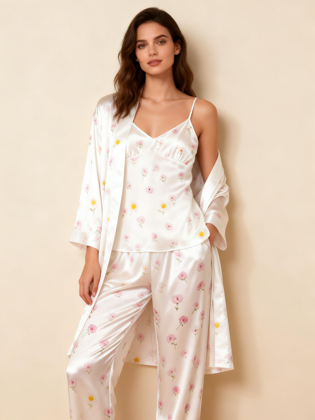 3-Piece Satin Nightwear Set with Minimal Pink Floral Pattern