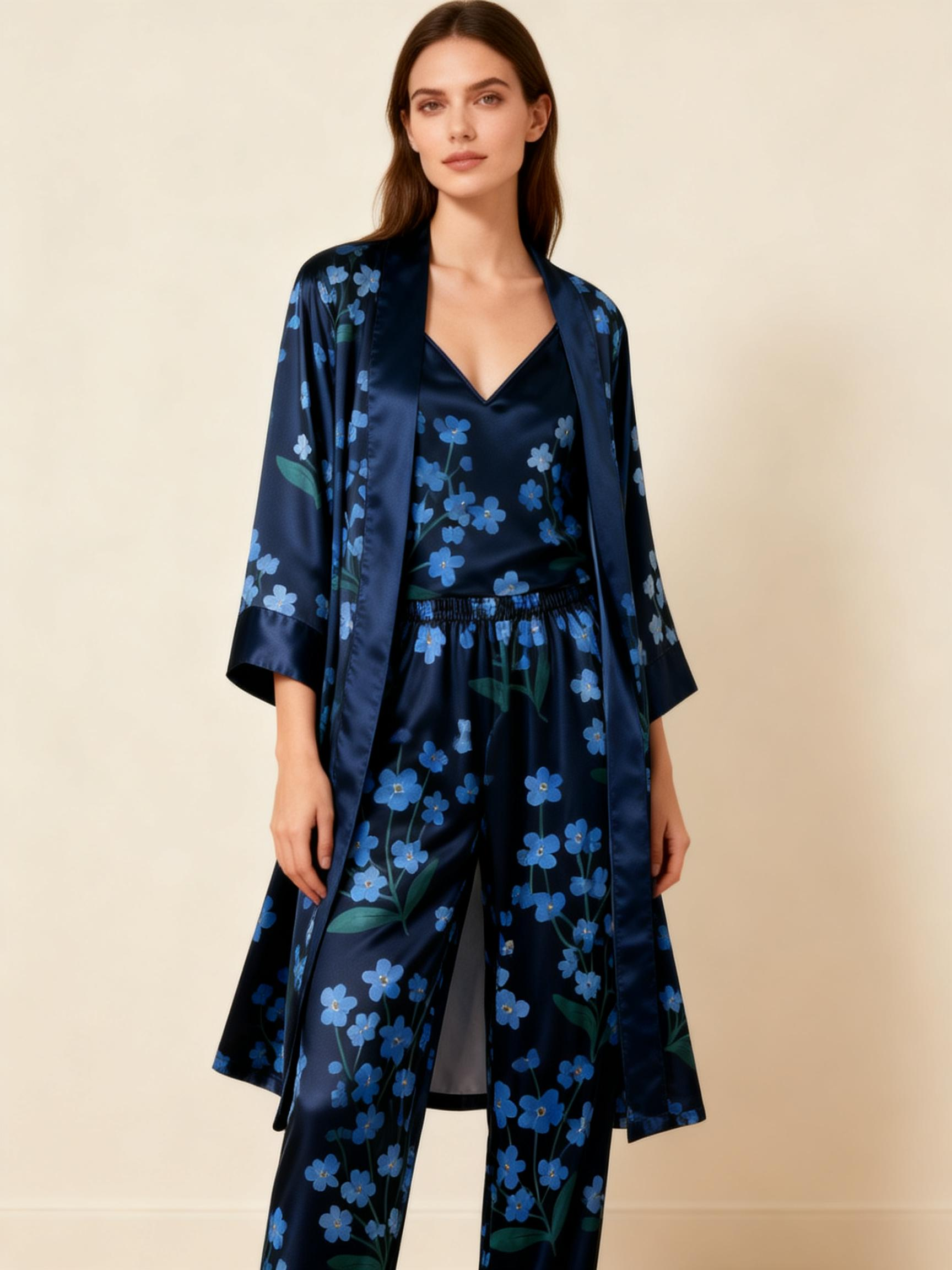 Women's Silky Satin Homewear Set with Blue Blossoms Motifs