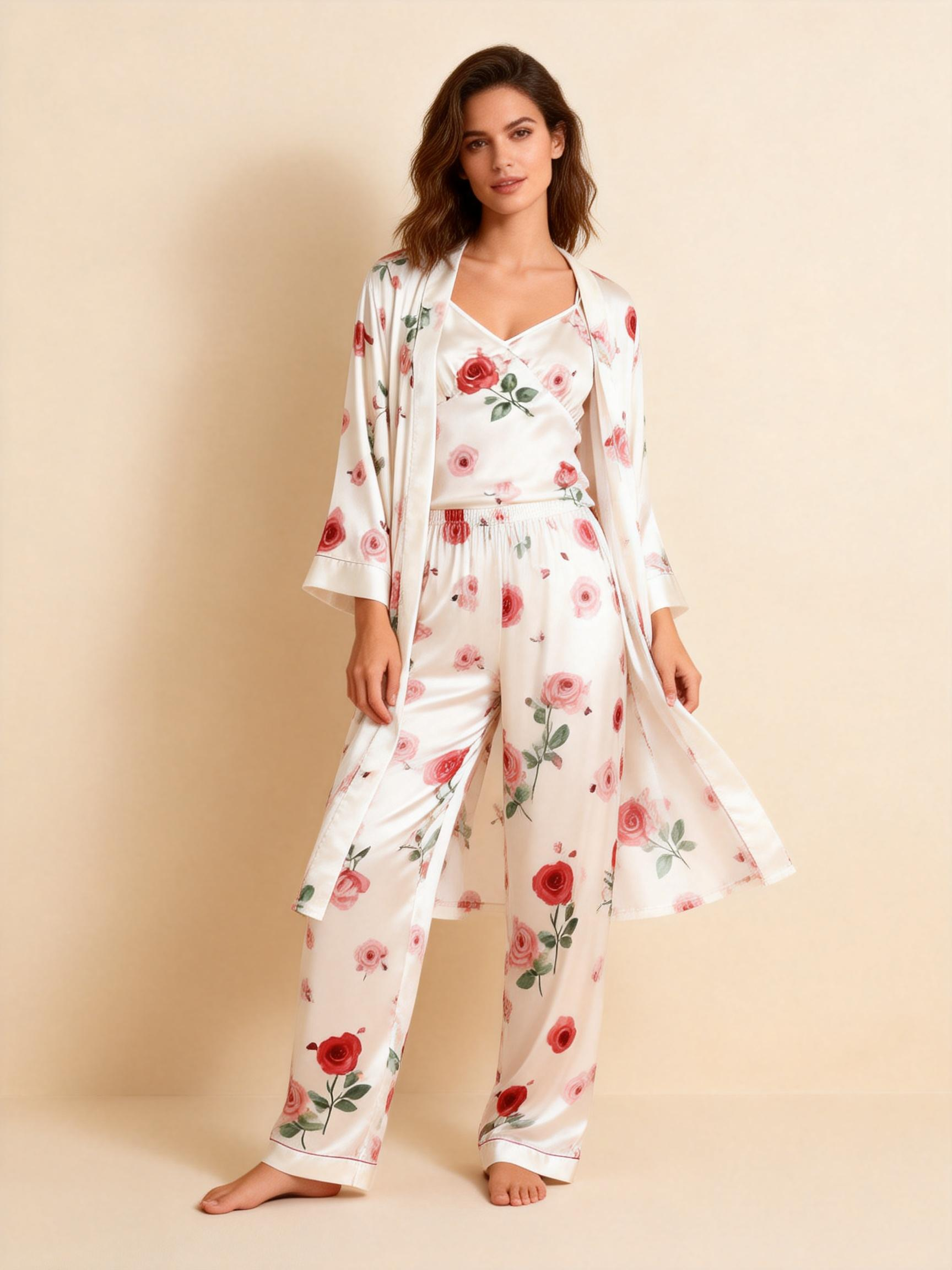 Women's Satin 3-Piece Loungewear Set in Romantic Vintage Floral Style