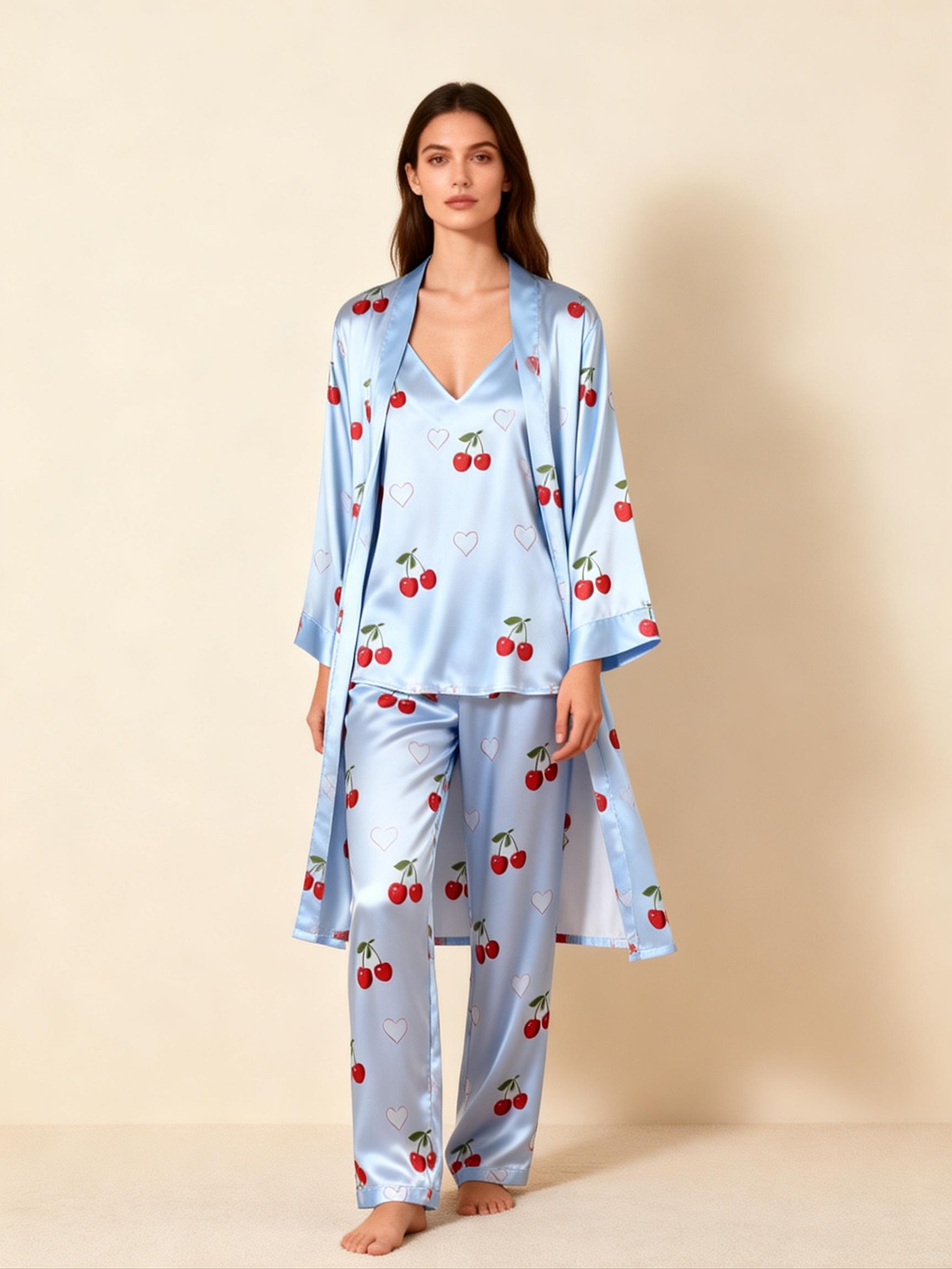 Women's Classic Blue Satin Pajama Set with Cherry Motifs