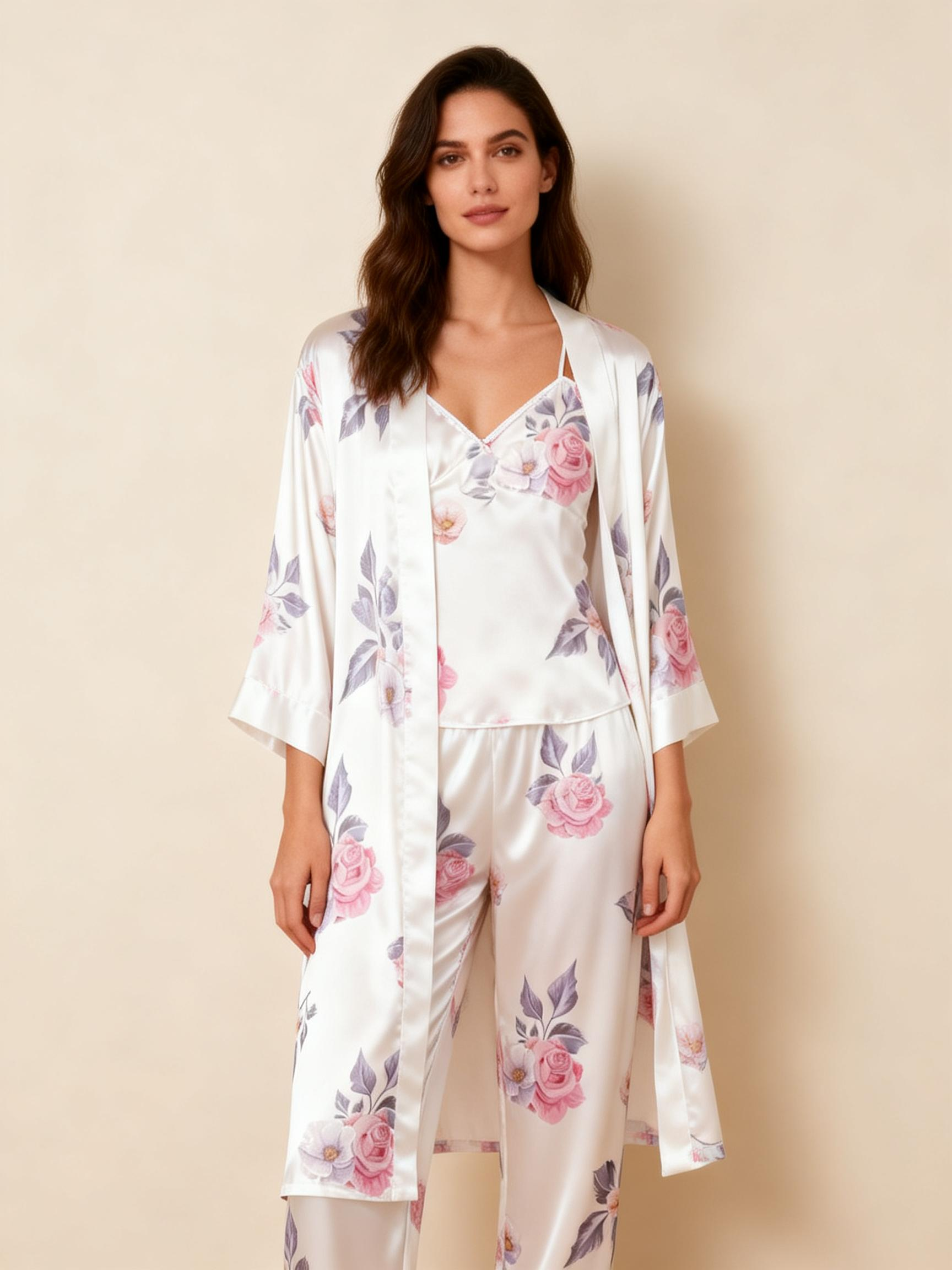 Satin 3-Piece Sleepwear Set with Dreamy Floral Design